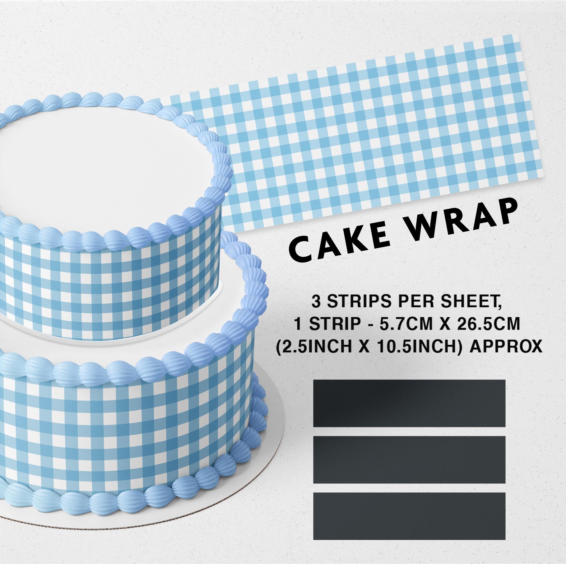 Light Blue Plaid Checkered Edible Icing Printed Cake Wrap Strips Topper Ribbon Border image 0