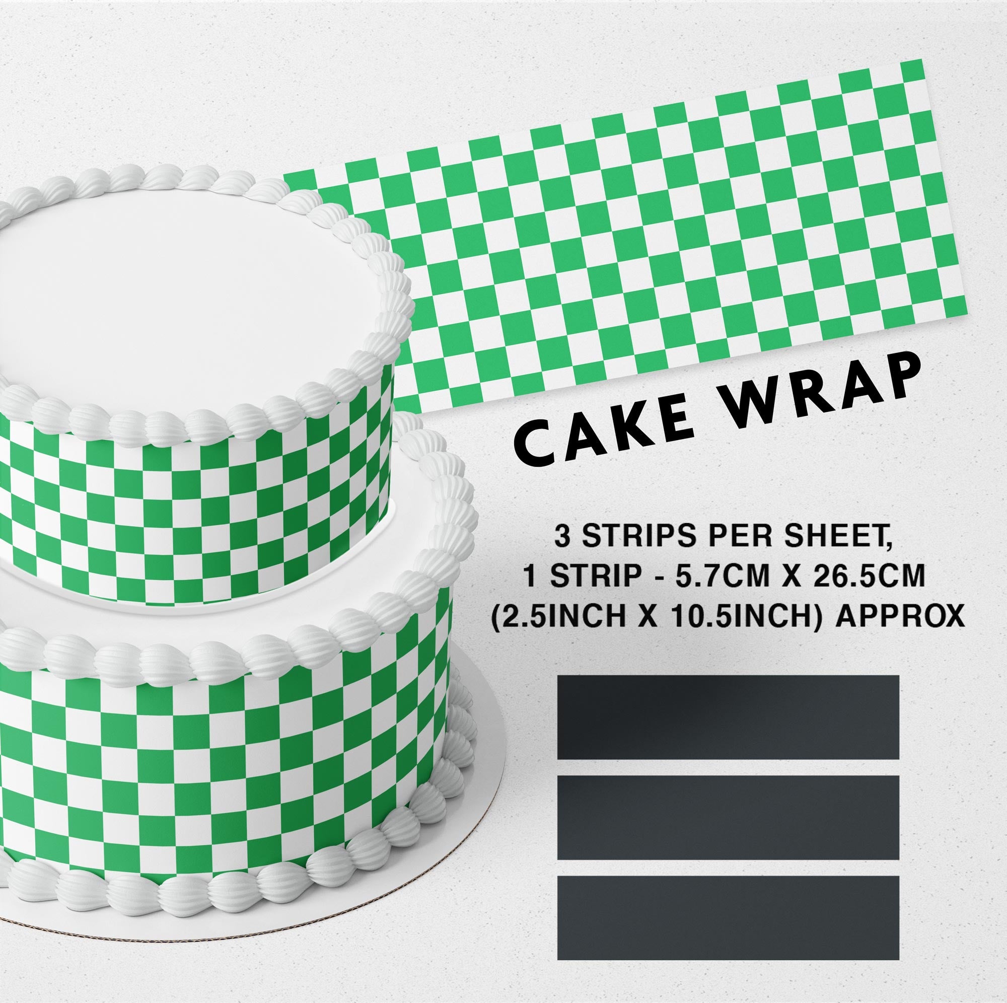 Emerald Green Checkered Edible Icing Printed Cake Wrap Strips Topper Ribbon Border image 0