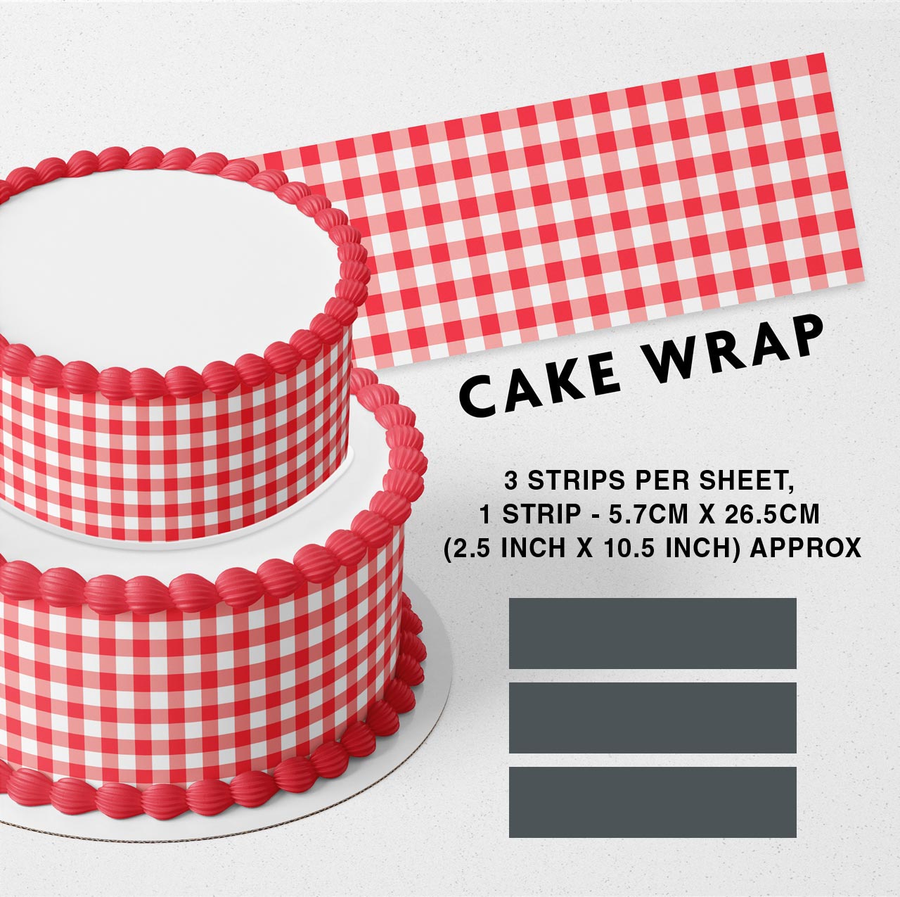 Red Gingham Strips Edible Icing Printed Cake Wrap Strips Topper Ribbon Border image 0