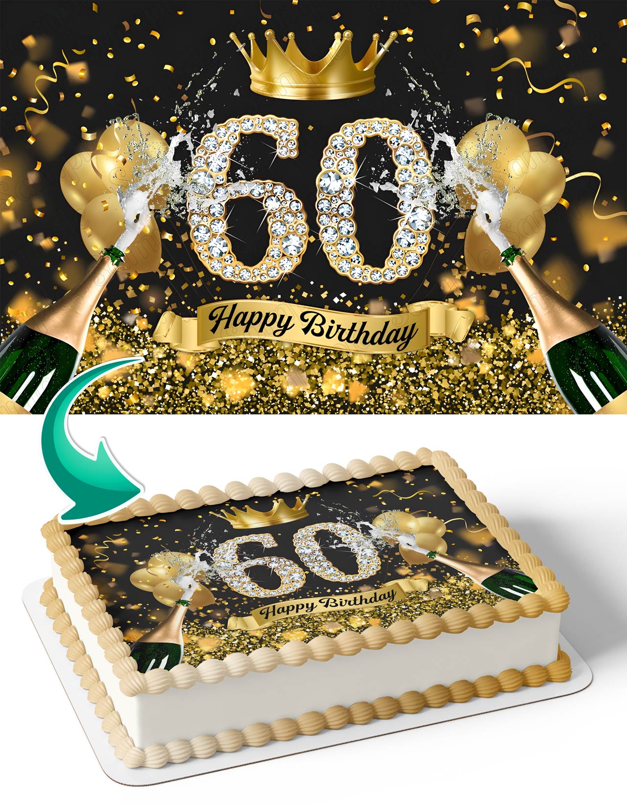 Black And Gold Balloons Crown Champagne Glitter 60 Edible Cake Topper