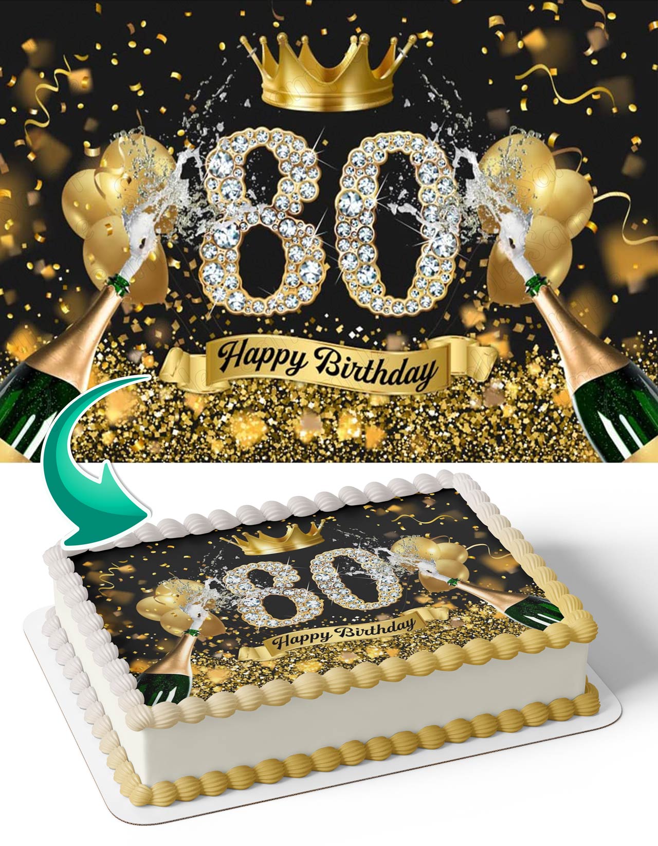 Black And Gold Balloons Crown Champagne Glitter 80 Edible Cake Topper
