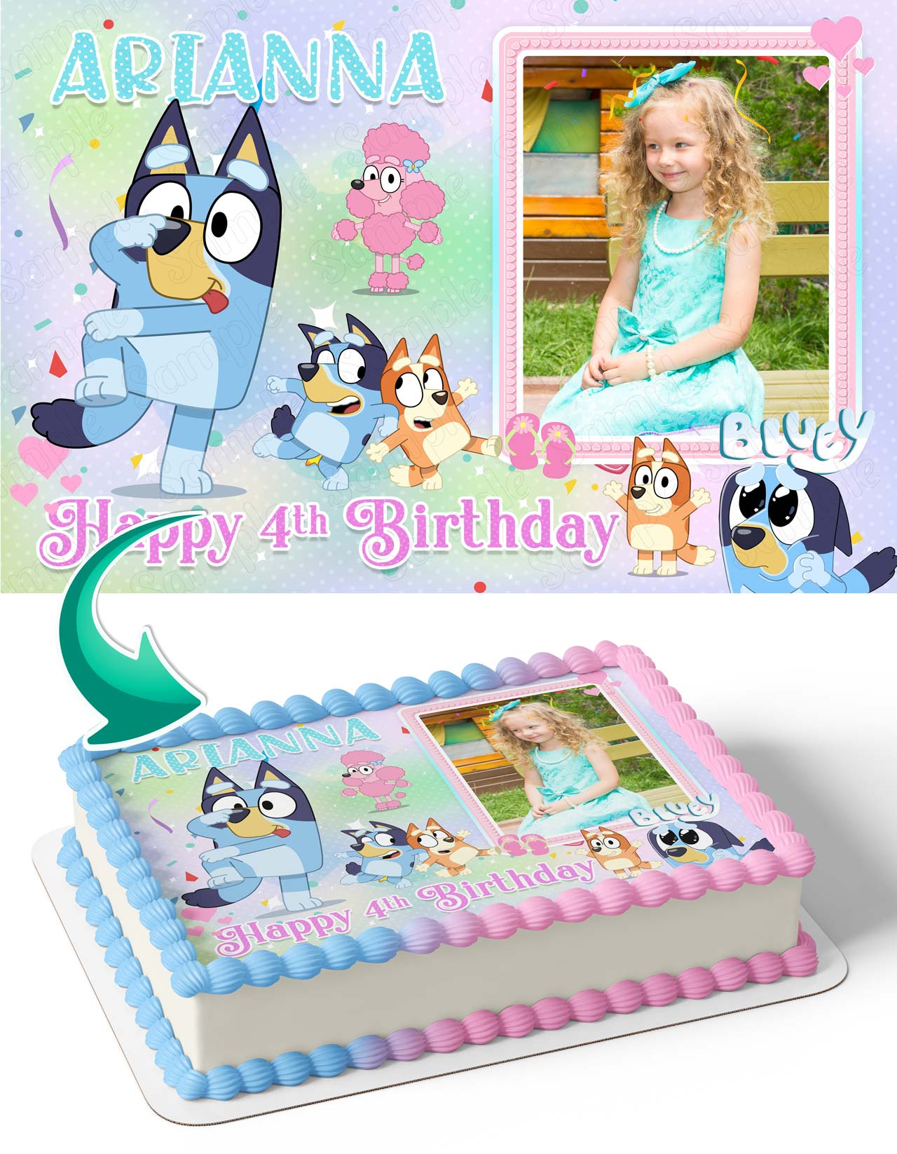 Bluey Girls Photo Frame – Birthday Image - Personalized Edible Cake Topper | Custom Icing Sheet | Birthday Cake Decoration | Photo Cake Image