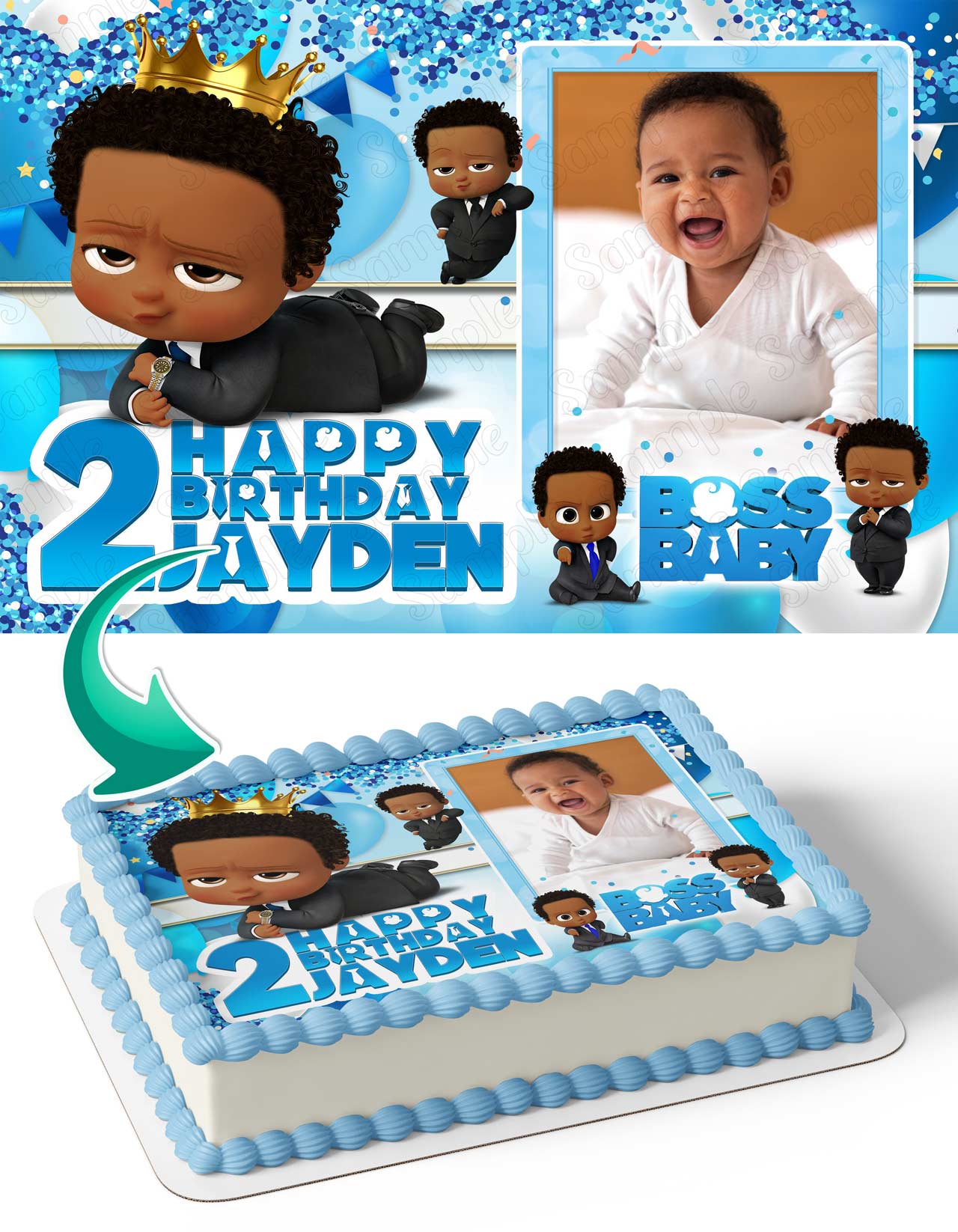 Boss Baby African American Boy Photo Frame – Birthday Image - Personalized Edible Cake Topper | Custom Icing Sheet | Birthday Cake Decoration