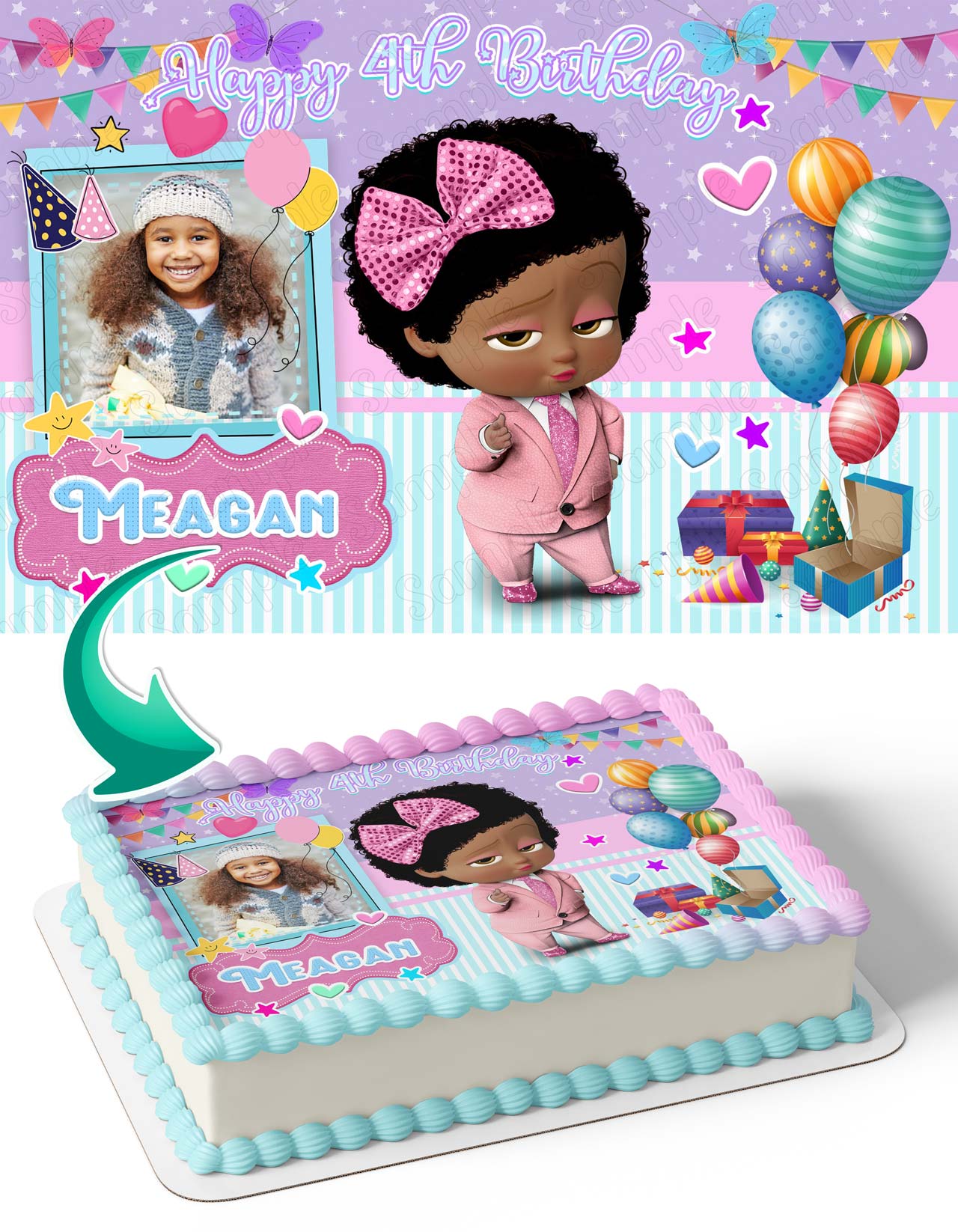 Boss Baby Girl African American Afro Baby Cute Photo Frame – Birt - Personalized Edible Cake Topper | Custom Icing Sheet | Birthday Cake Decoration