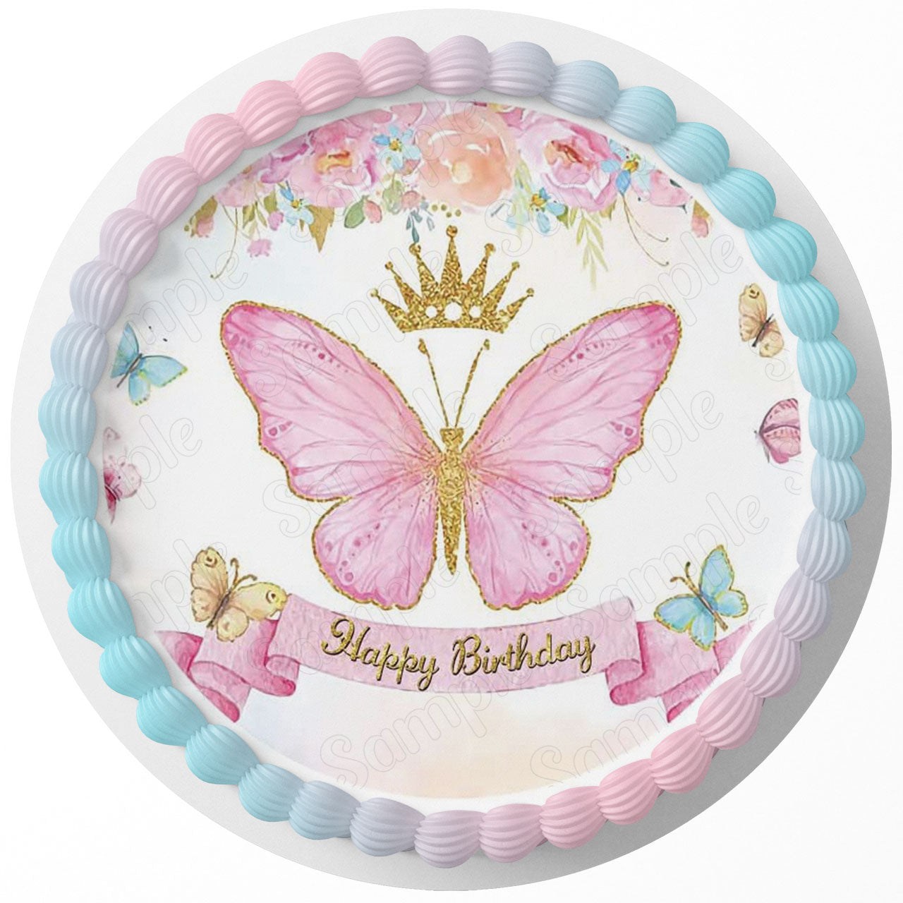 Butterflies Crown VQN Round – Icing Sheet Birthday - Personalized Edible Cake Topper | Custom Icing Sheet | Birthday Cake Decoration