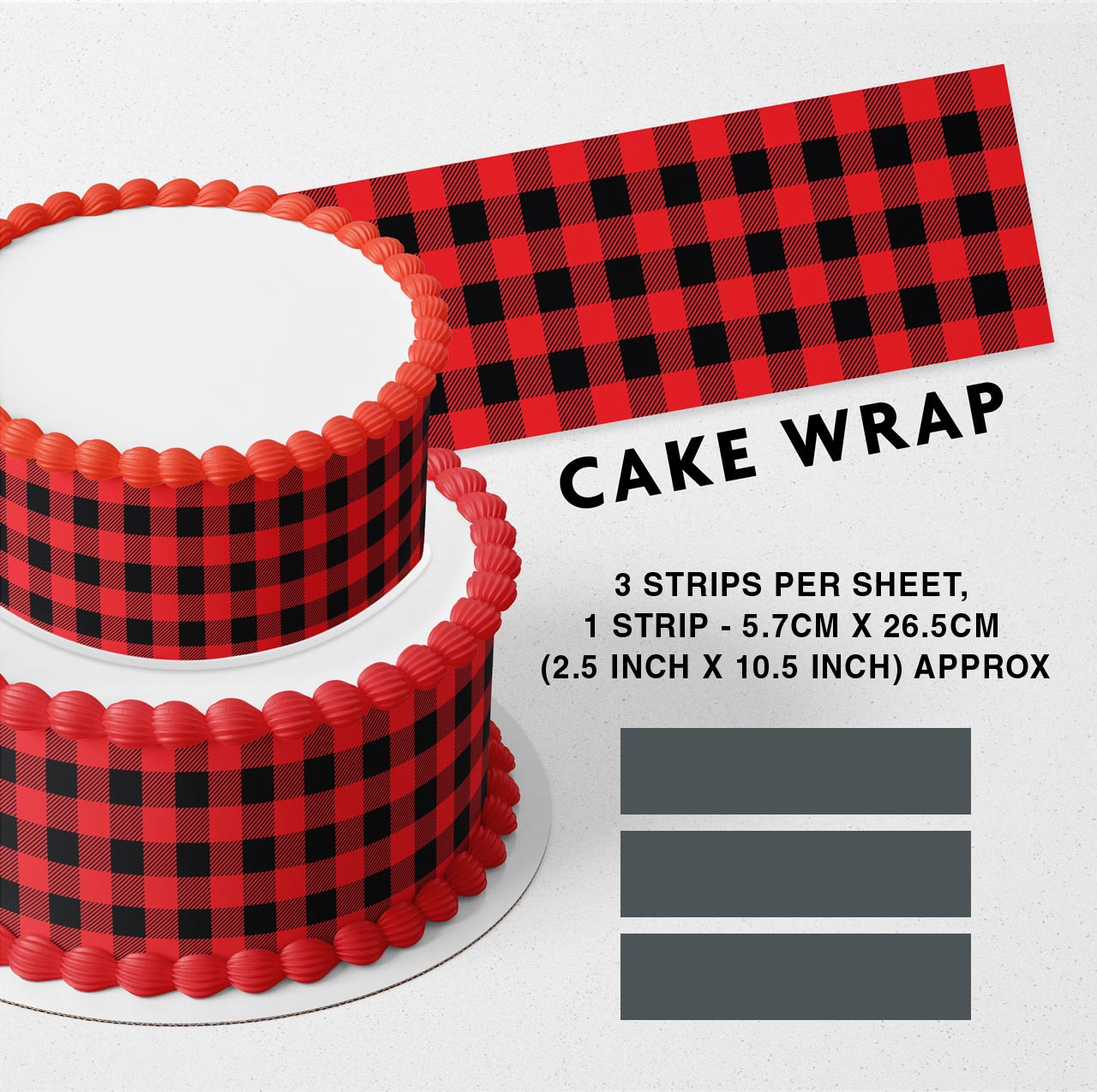 Red Plaid Strips Edible Icing Printed Cake Wrap Strips Topper Ribbon Border image 0