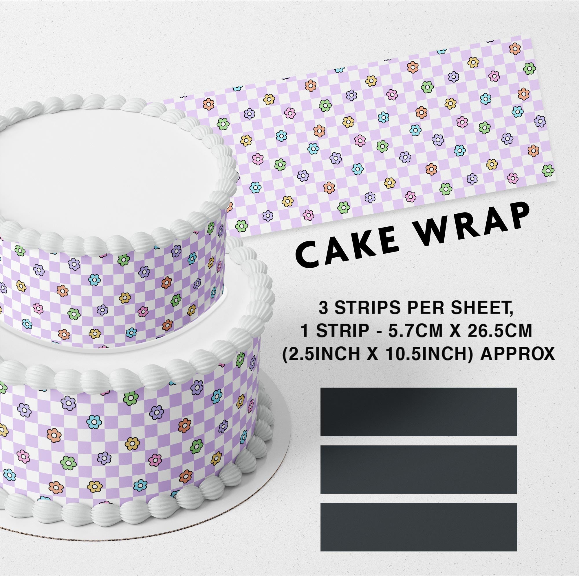 Lavender Floral Checkered Edible Icing Printed Cake Wrap Strips Topper Ribbon Border image 0