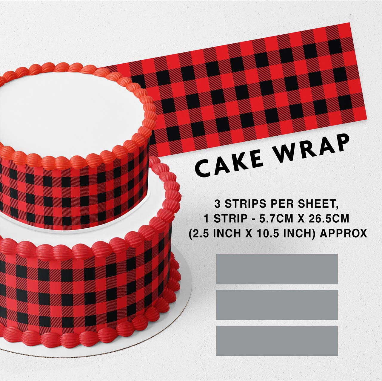 Red Plaid Edible Icing Printed Cake Wrap Strips Topper Ribbon Border image 0