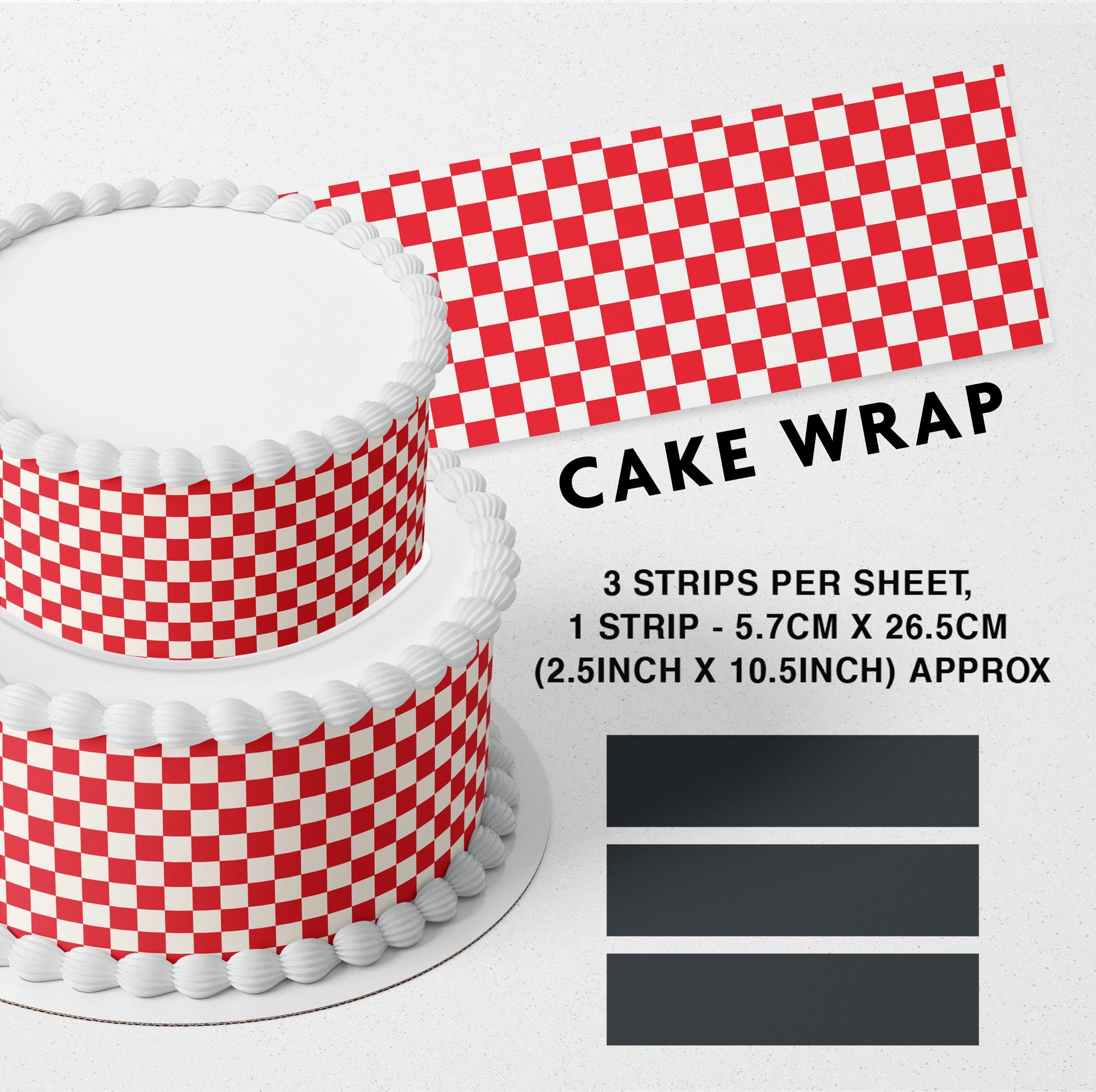 Bright Red Checkered Edible Icing Printed Cake Wrap Strips Topper Ribbon Border image 0