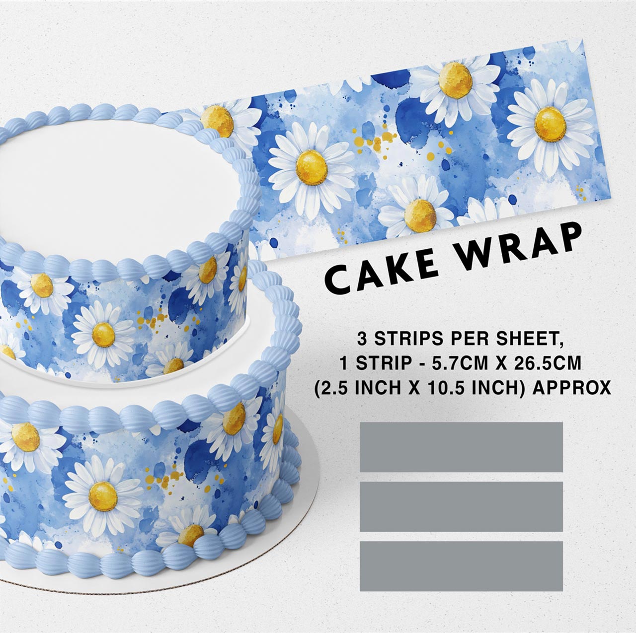Blue Yellow Daisy Flowers Edible Icing Printed Cake Wrap Strips Topper Ribbon Border image 0