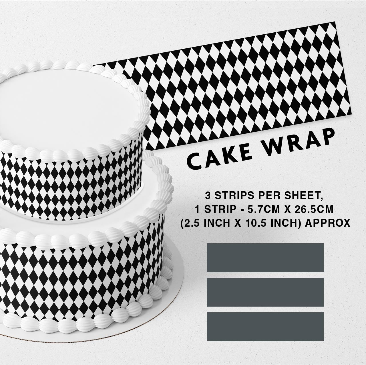 Checkered Diamond Strips Edible Icing Printed Cake Wrap Strips Topper Ribbon Border image 0