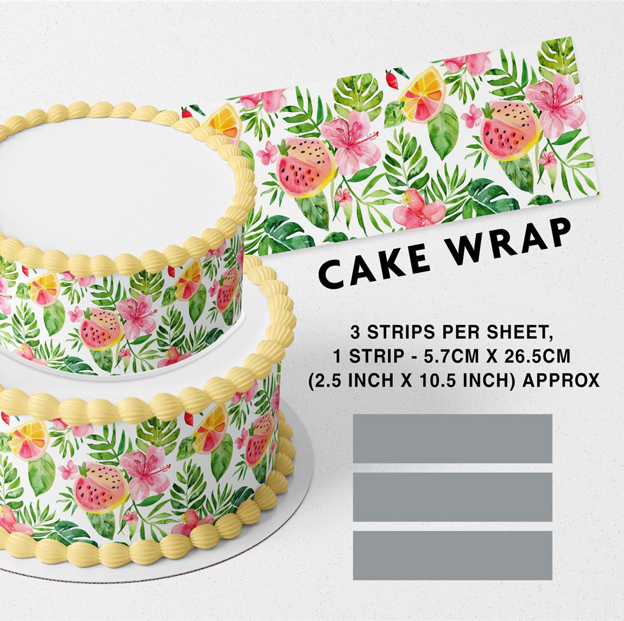 Watermelon Orange Green Leaves Tropical Fruits Edible Icing Printed Cake Wrap Strips Topper Ribbon Border image 0