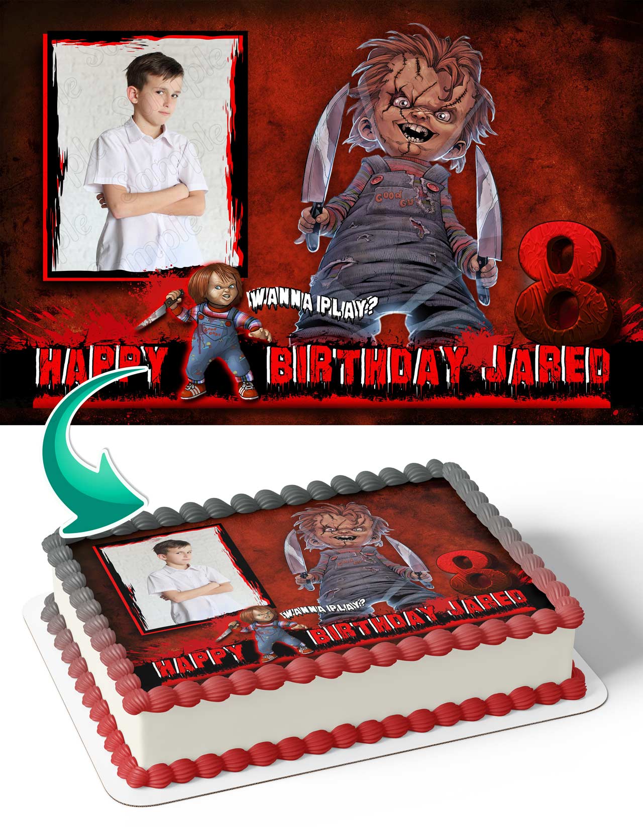 Chucky Horror Photo Frame – Birthday Image - Personalized Edible Cake Topper | Custom Icing Sheet | Birthday Cake Decoration | Photo Cake Image