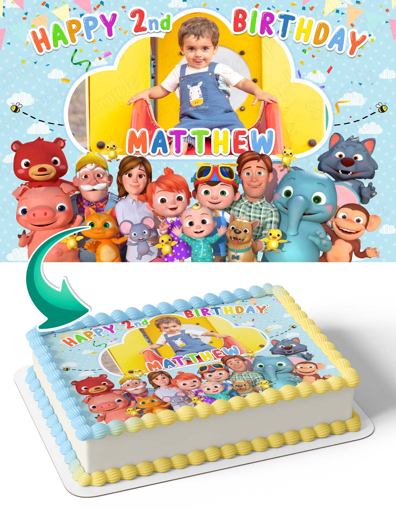 Watermelon Coco Kids Boy Photo Frame – Birthday Image - Personalized Edible Cake Topper | Custom Icing Sheet | Birthday Cake Decoration