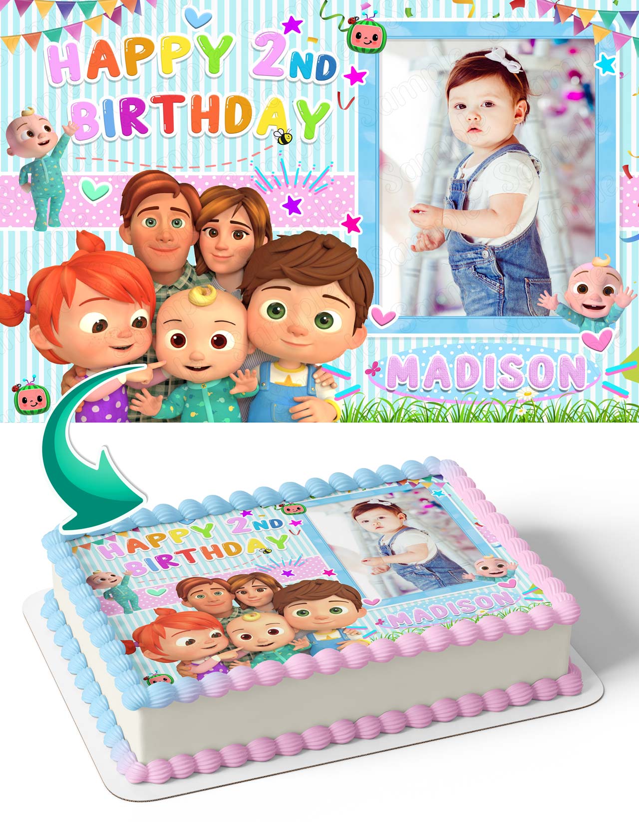 Watermelon Girls Coco Pink Cute Photo Frame – Birthday Image - Personalized Edible Cake Topper | Custom Icing Sheet | Birthday Cake Decoration