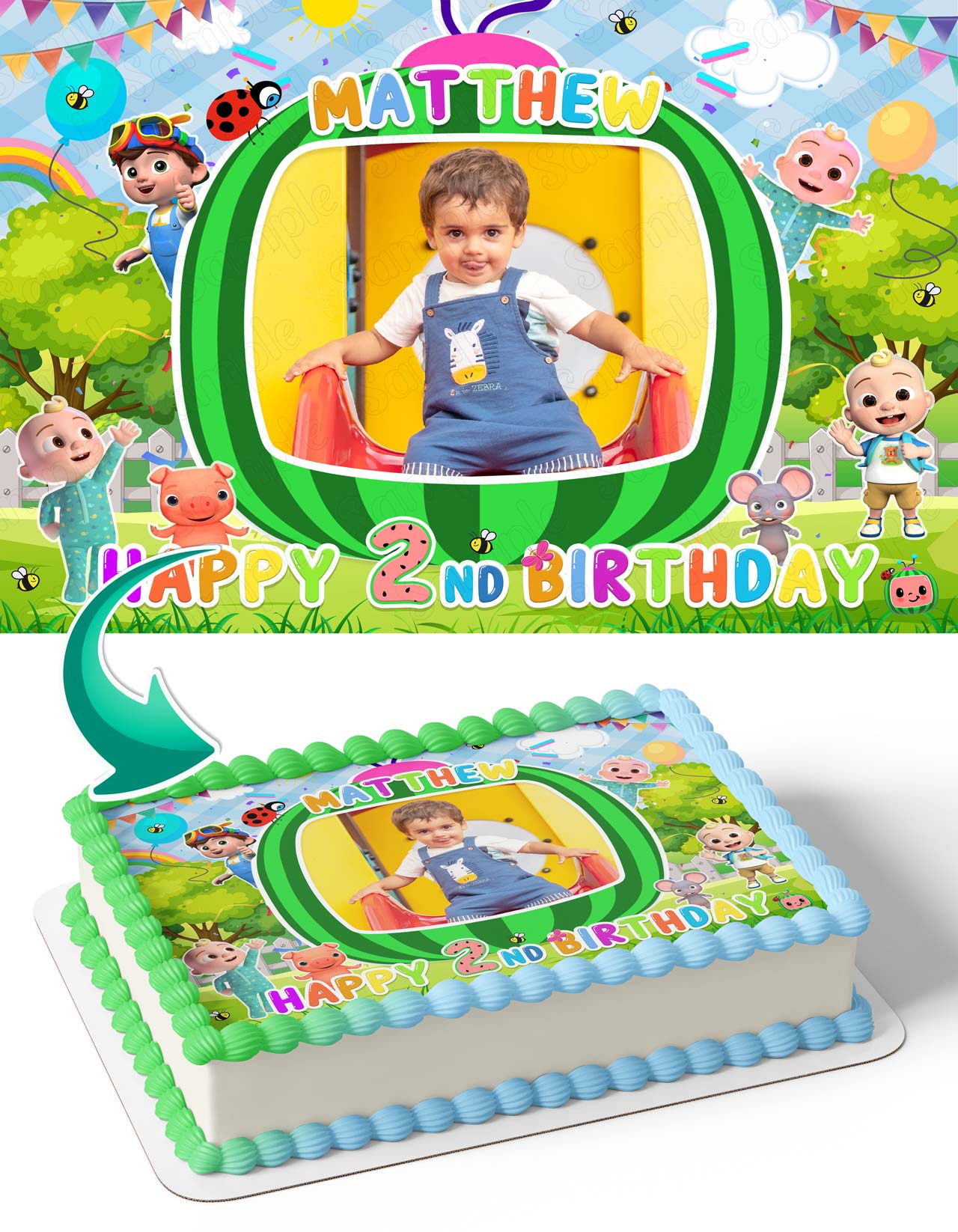 Watermelon Kids Nursery Photo Frame – Birthday Image - Personalized Edible Cake Topper | Custom Icing Sheet | Birthday Cake Decoration