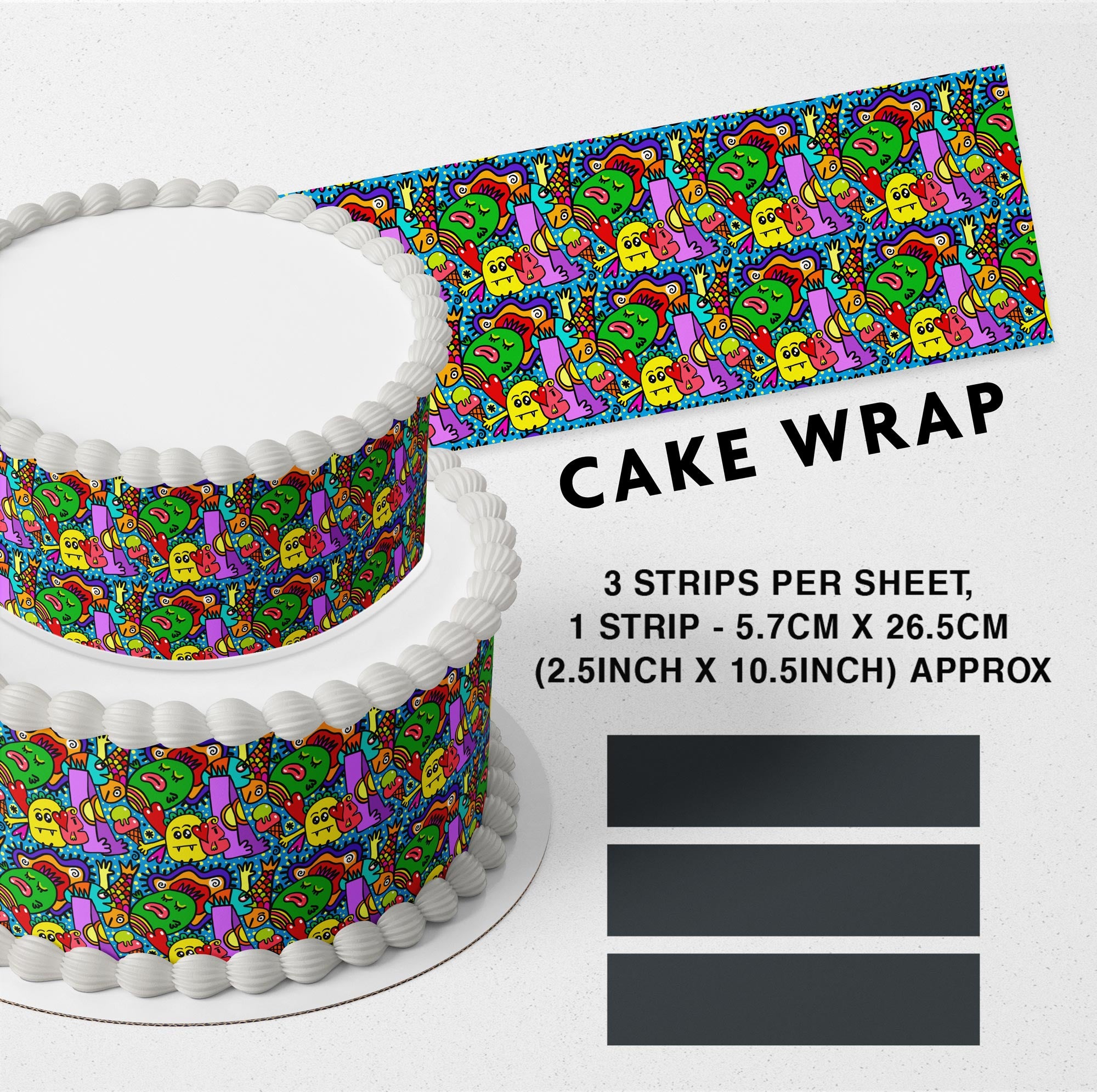 Crazy Hand Drawn Doodle Edible Icing Printed Cake Wrap Strips Topper Ribbon Border image 0