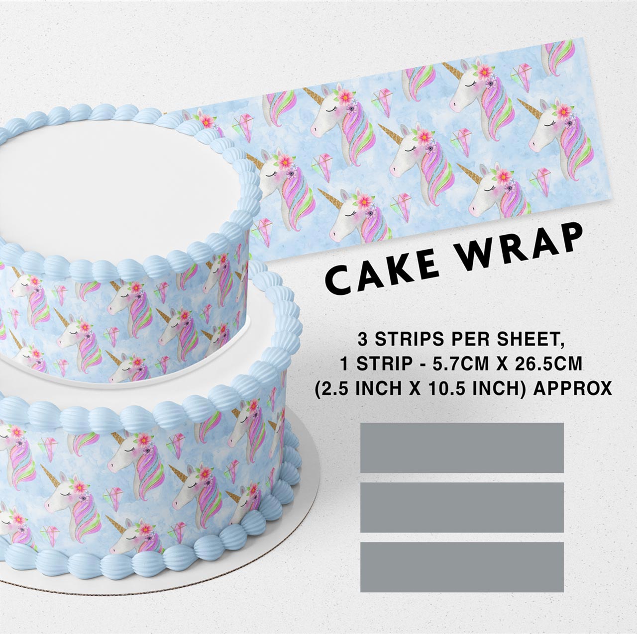 Light Blue Diamond Raimbow Unicorn Edible Icing Printed Cake Wrap Strips Topper Ribbon Border image 0