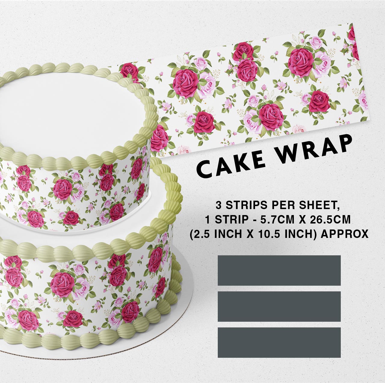 Rose Flower Strips Edible Icing Printed Cake Wrap Strips Topper Ribbon Border image 0