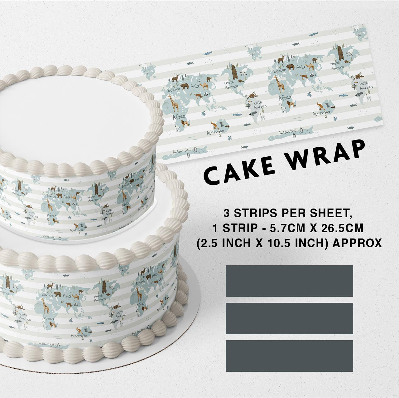 World Map Strips Edible Icing Printed Cake Wrap Strips Topper Ribbon Border image 0