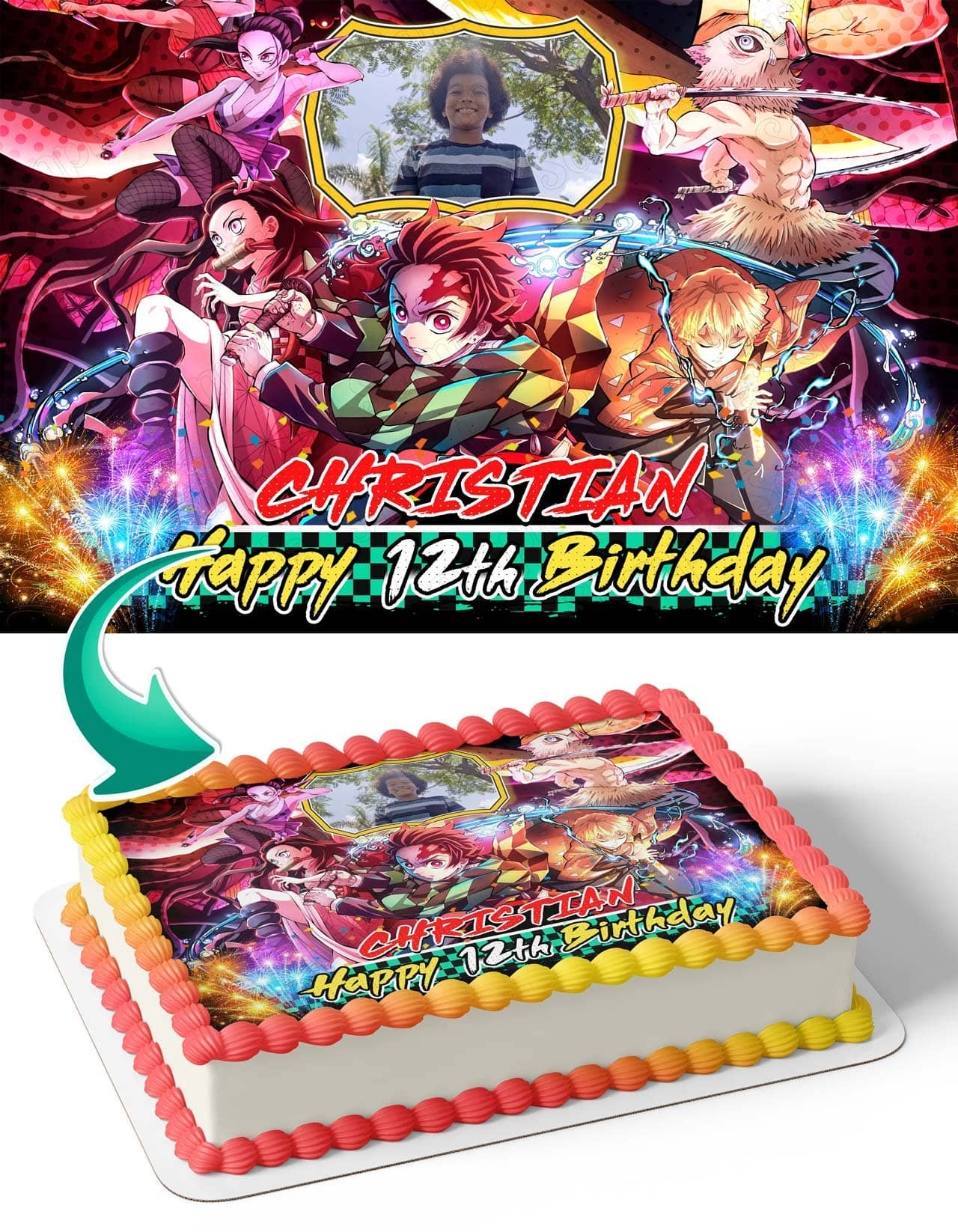 Demon Slay Kimetsu Tanjiro Nezuko Photo Frame – Birthday Image - Personalized Edible Cake Topper | Custom Icing Sheet | Birthday Cake Decoration