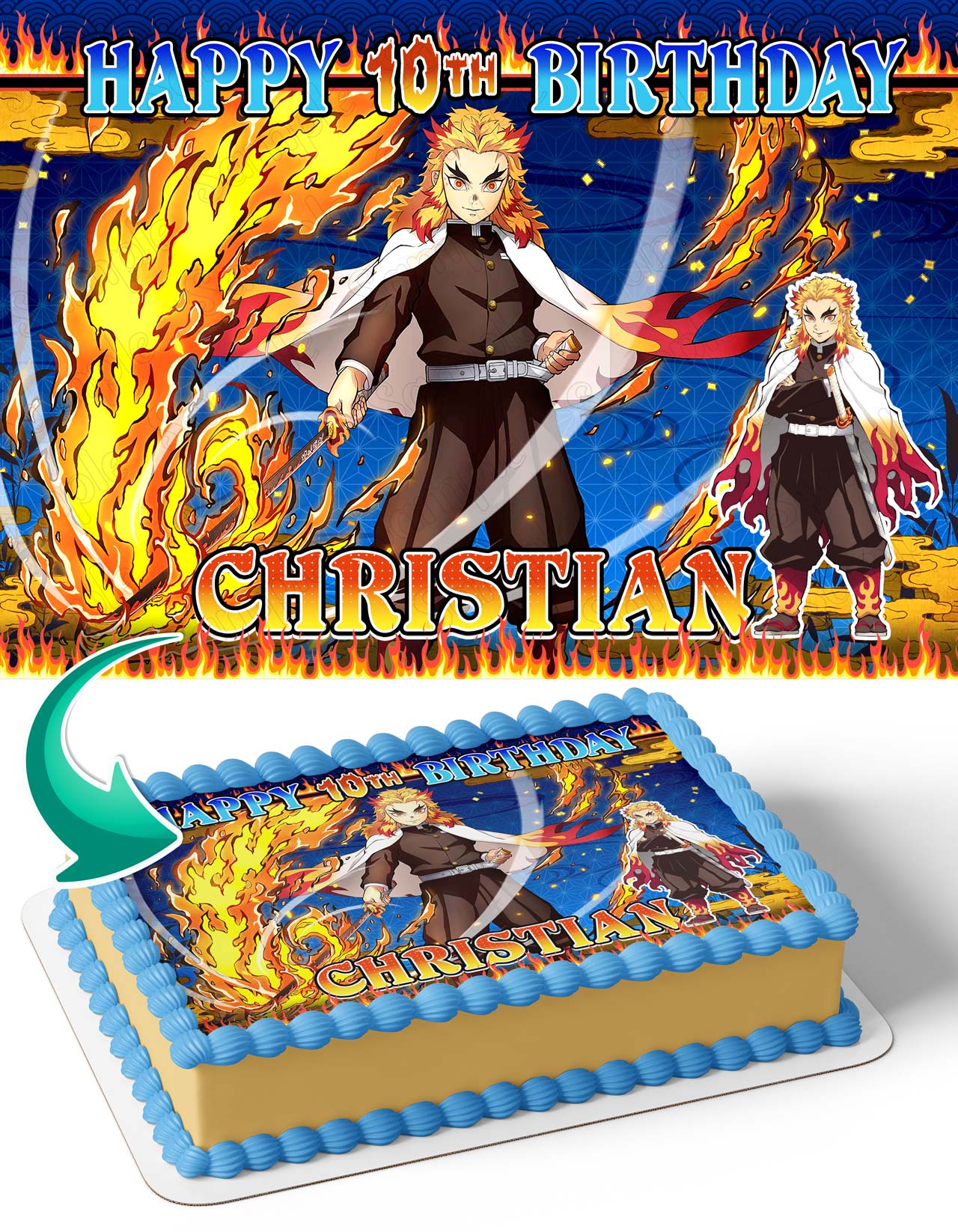 Demon Figher Kids Slayer Rengoku Kyojura Edible Cake Topper