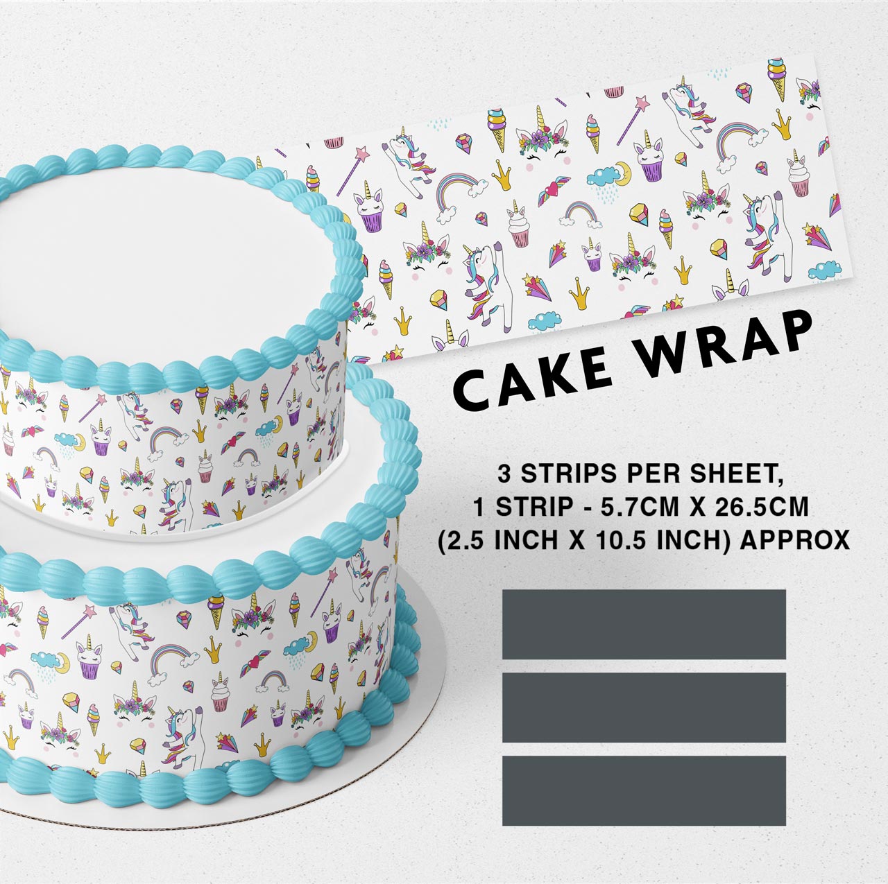 Unicorn Rainbow Strips Edible Icing Printed Cake Wrap Strips Topper Ribbon Border image 0