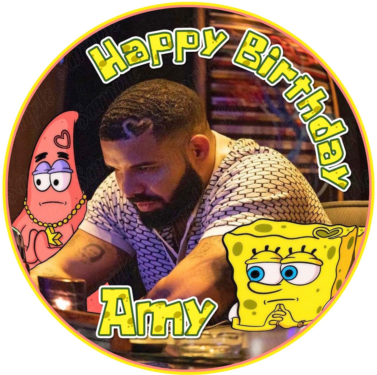 Drake Sponge Bob Patrick Heart Round – Icing Sheet Birthday - Personalized Edible Cake Topper | Custom Icing Sheet | Birthday Cake Decoration