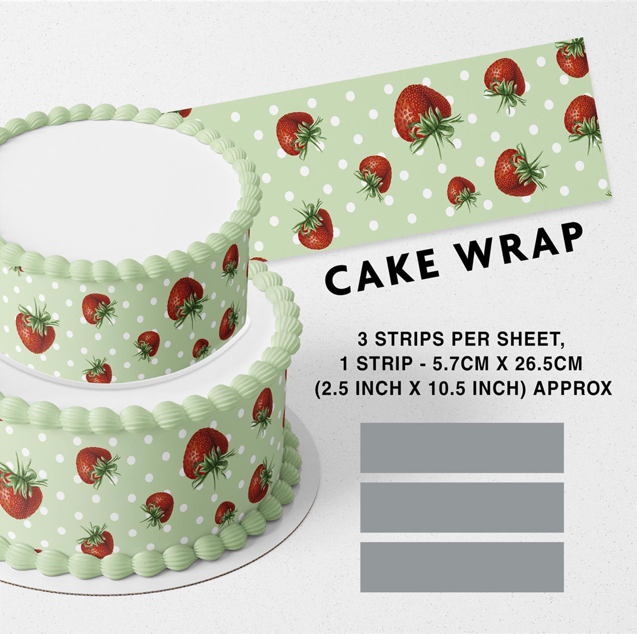 Green Strawberry Dots Edible Icing Printed Cake Wrap Strips Topper Ribbon Border image 0