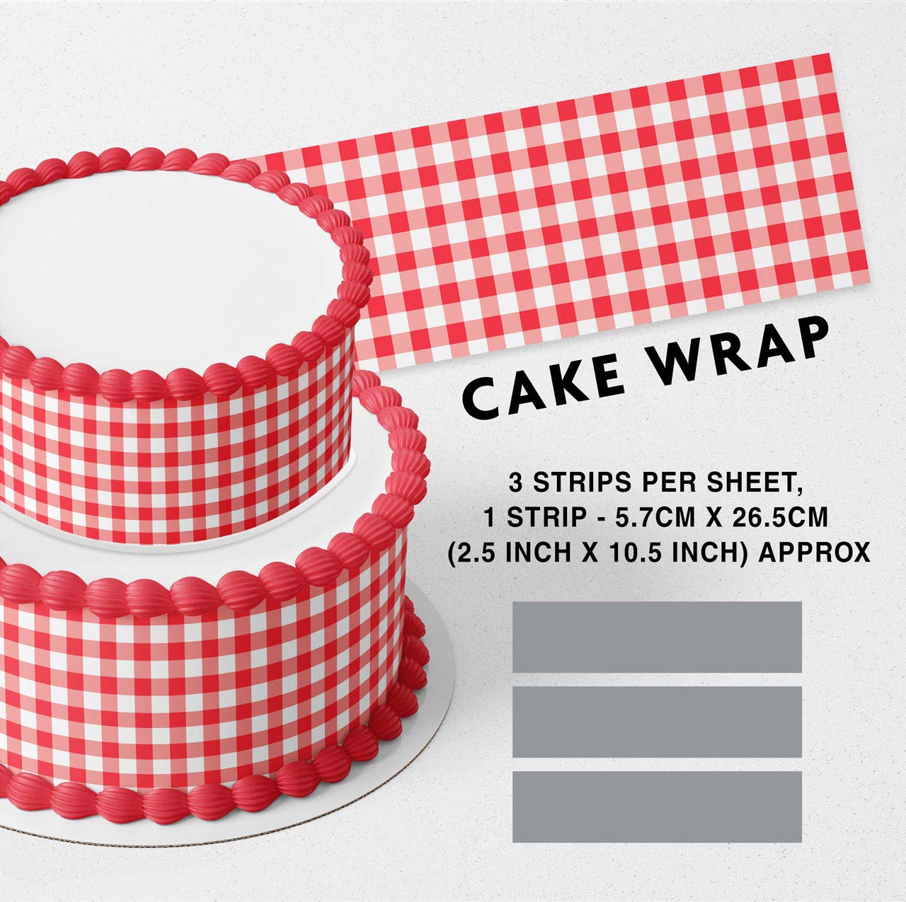 Red Gingham Edible Icing Printed Cake Wrap Strips Topper Ribbon Border image 0