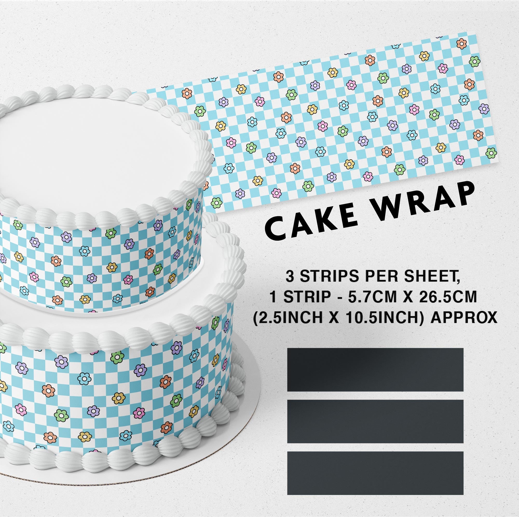 Aqua Floral Checkered Edible Icing Printed Cake Wrap Strips Topper Ribbon Border image 0