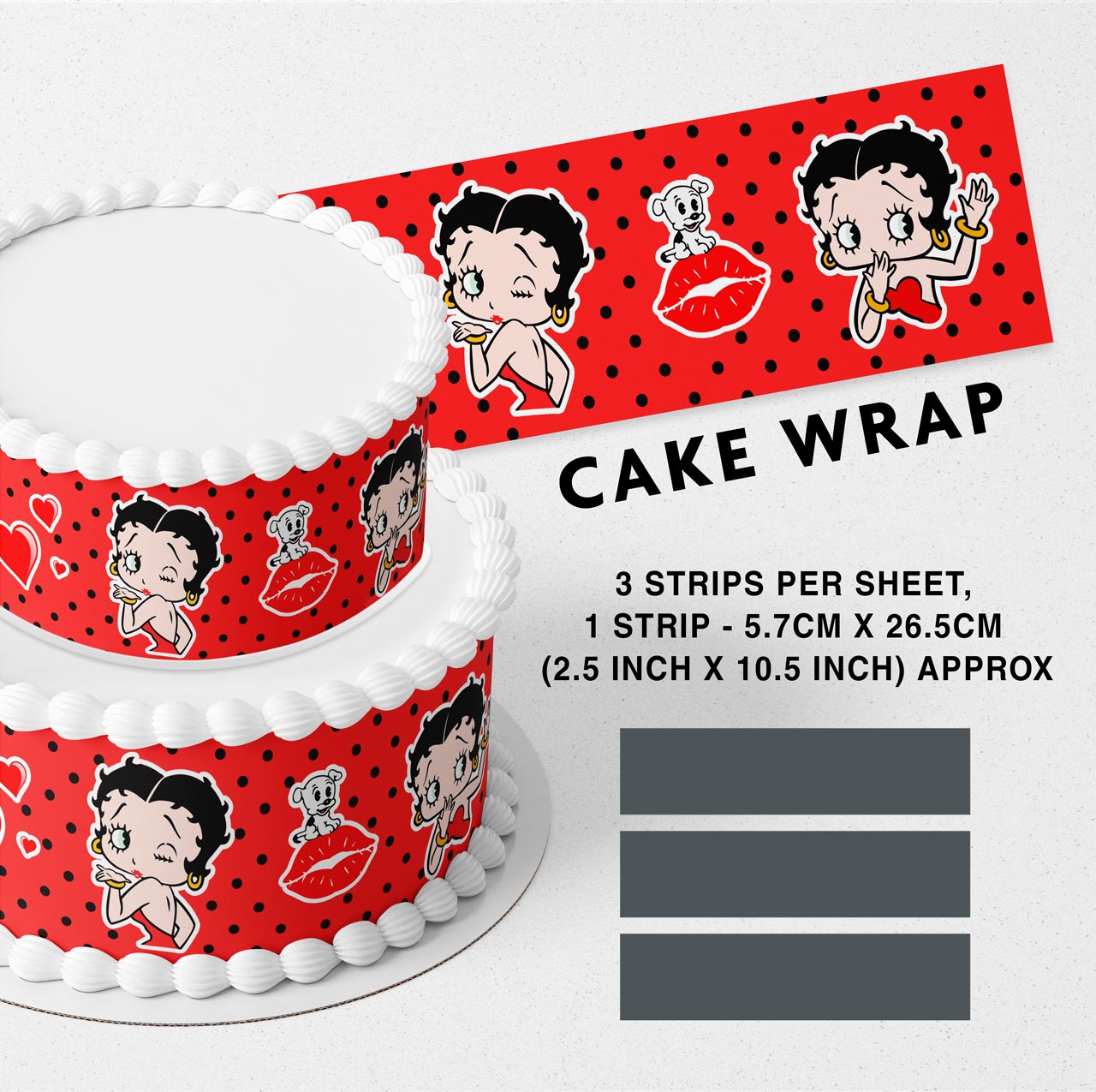 Betty Boop Black and Red Dots Strips Edible Icing Printed Cake Wrap Strips Topper Ribbon Border image 0