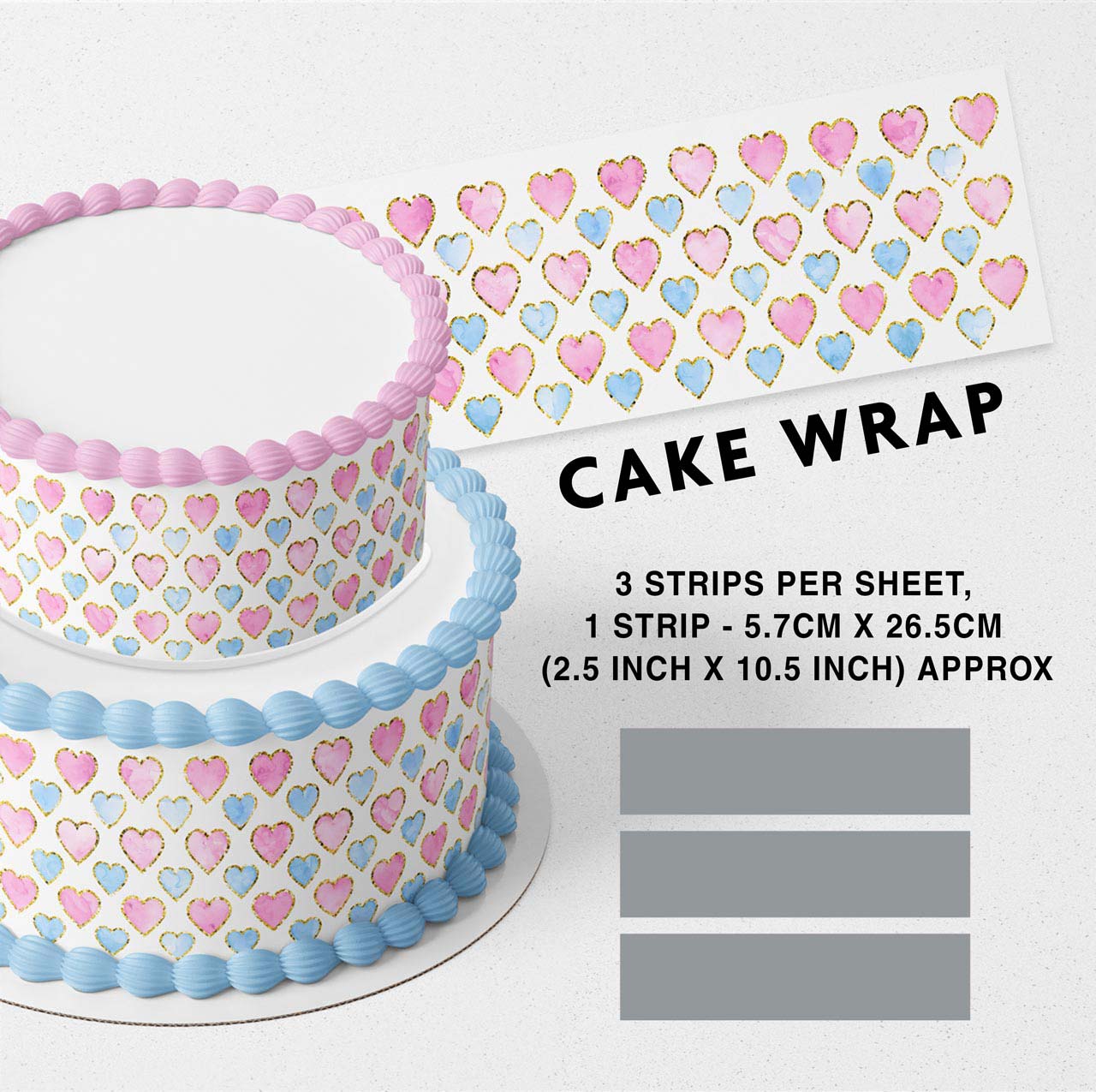 Light Pink Blue Glitter Hearts Edible Icing Printed Cake Wrap Strips Topper Ribbon Border image 0