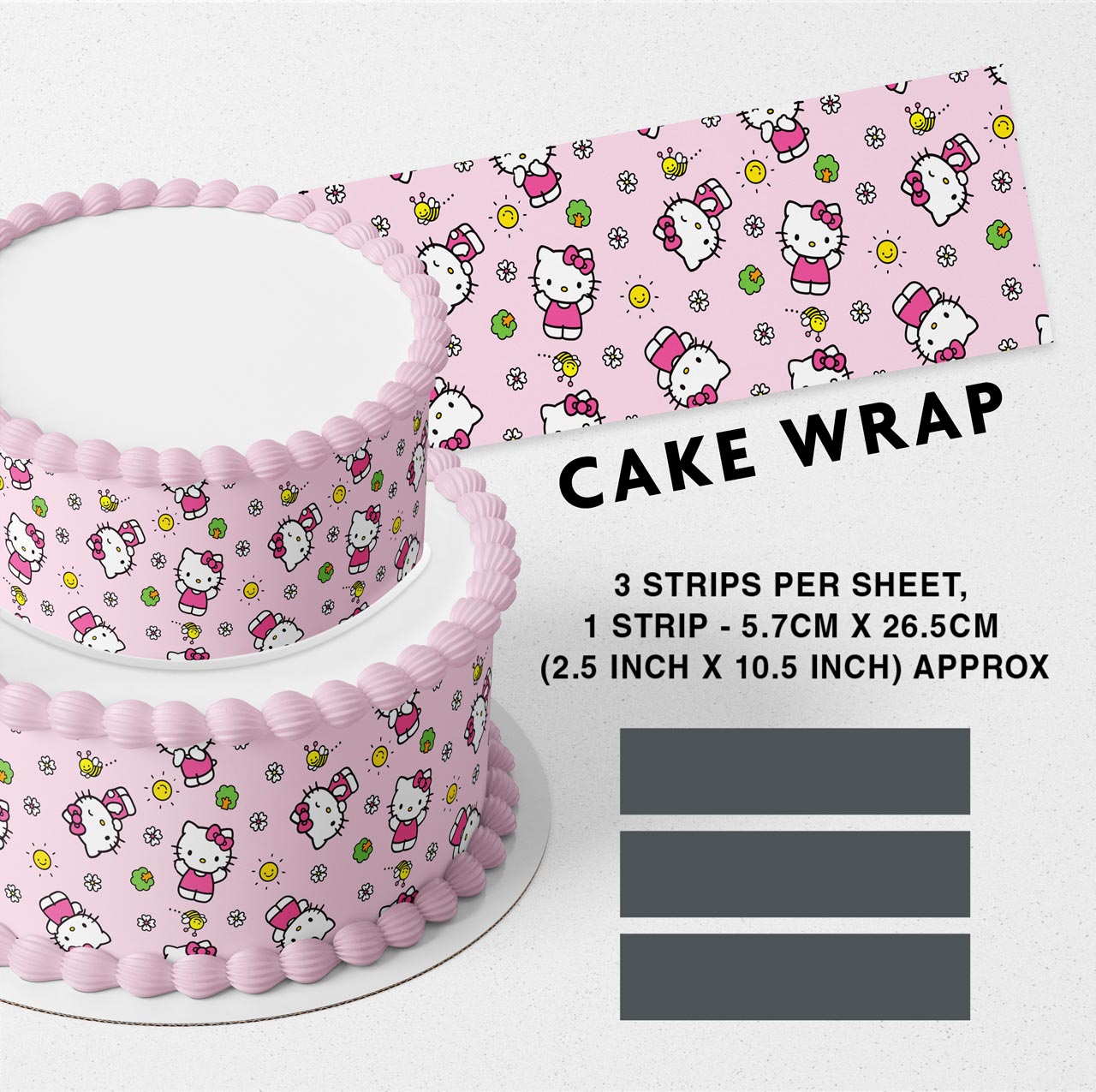 Kitties Kids Girls Hello Pink Strips Edible Icing Printed Cake Wrap Strips Topper Ribbon Border image 0