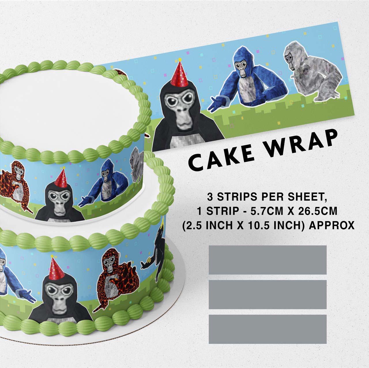 Gorilas Tacs Edible Icing Printed Cake Wrap Strips Topper Ribbon Border image 0