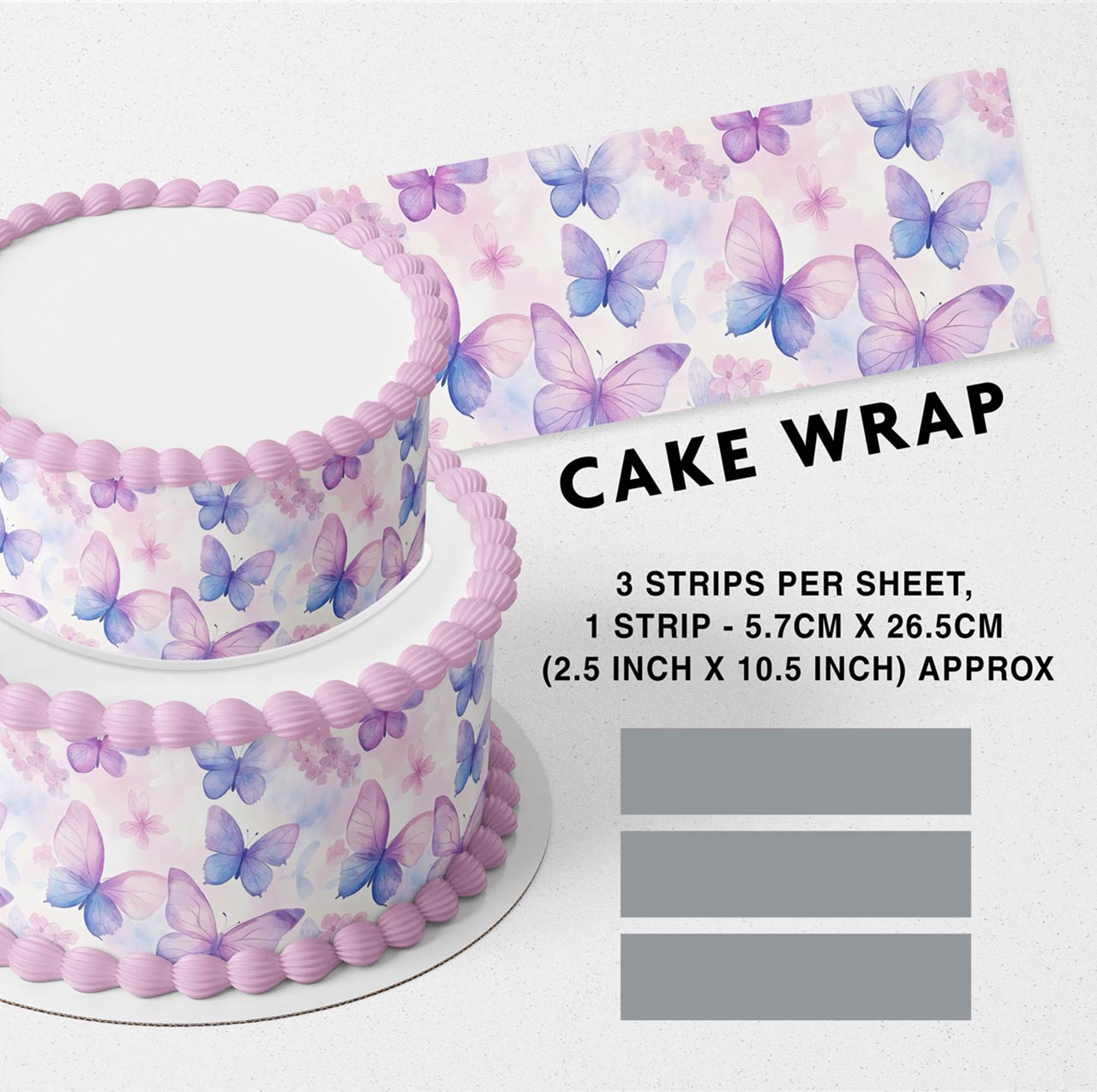 Light Purple Butterflies Flowers Edible Icing Printed Cake Wrap Strips Topper Ribbon Border image 0