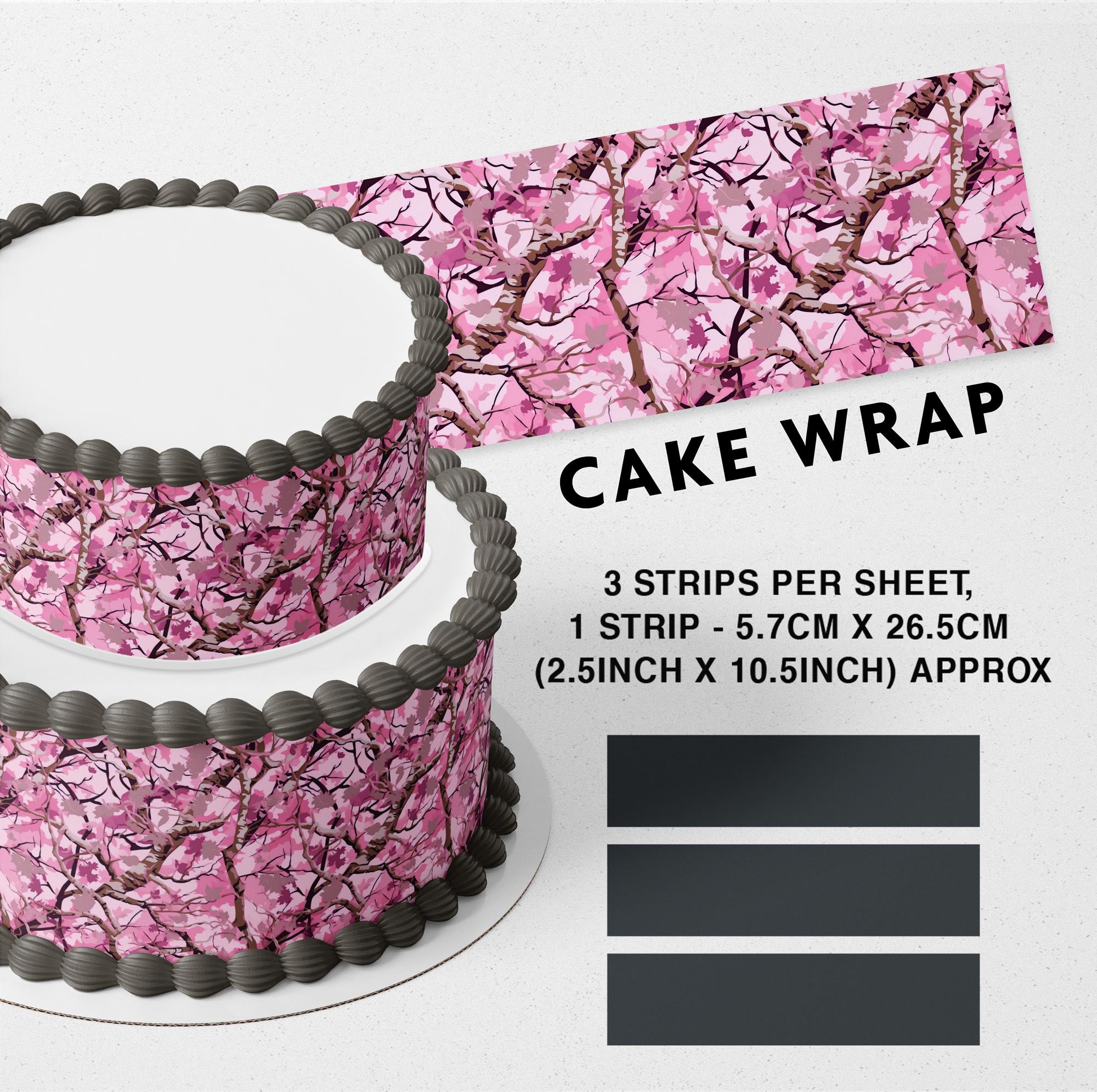 Pink Blossom Camo Edible Icing Printed Cake Wrap Strips Topper Ribbon Border image 0