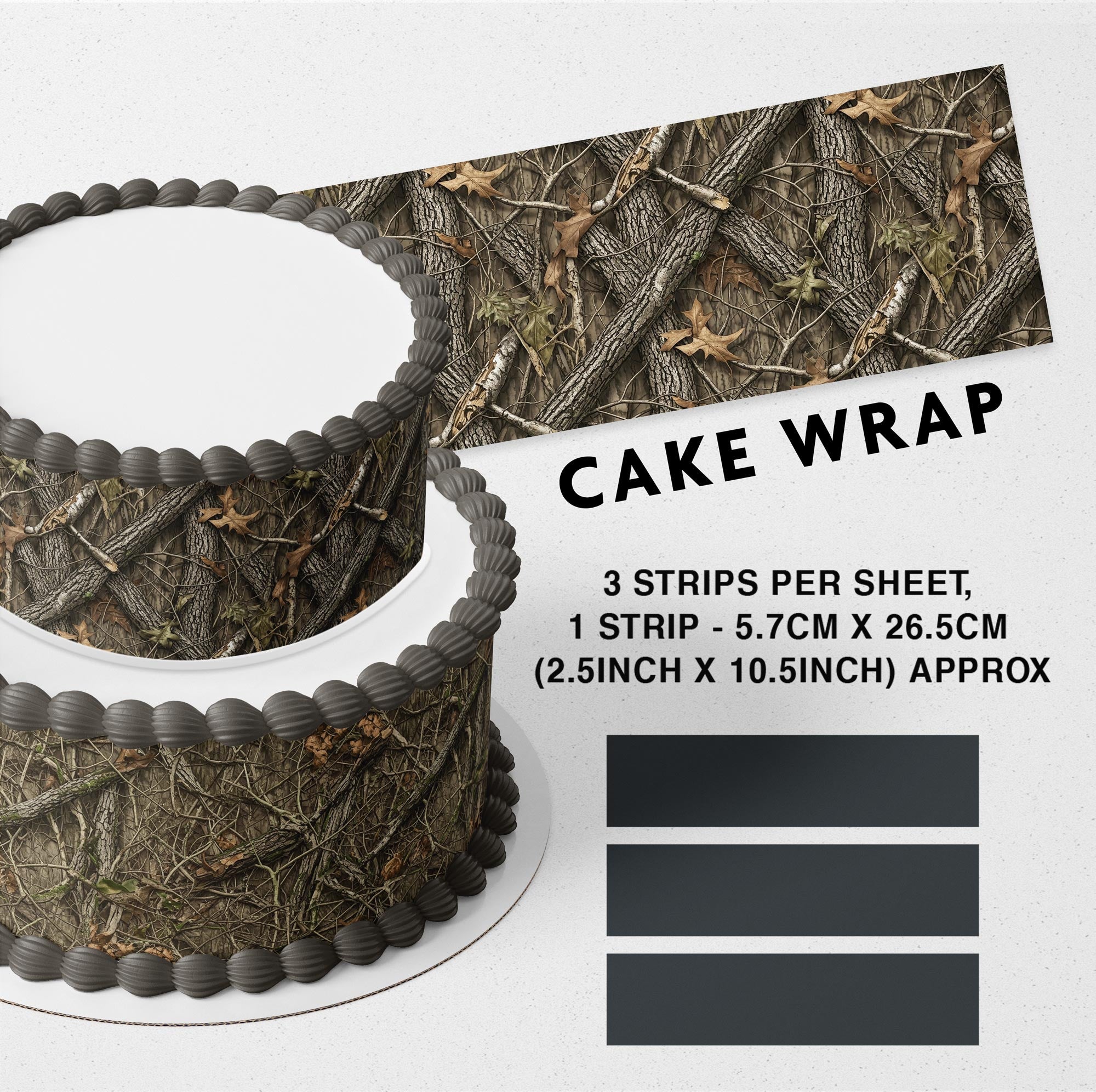 Woodland Classic Camo Edible Icing Printed Cake Wrap Strips Topper Ribbon Border image 0