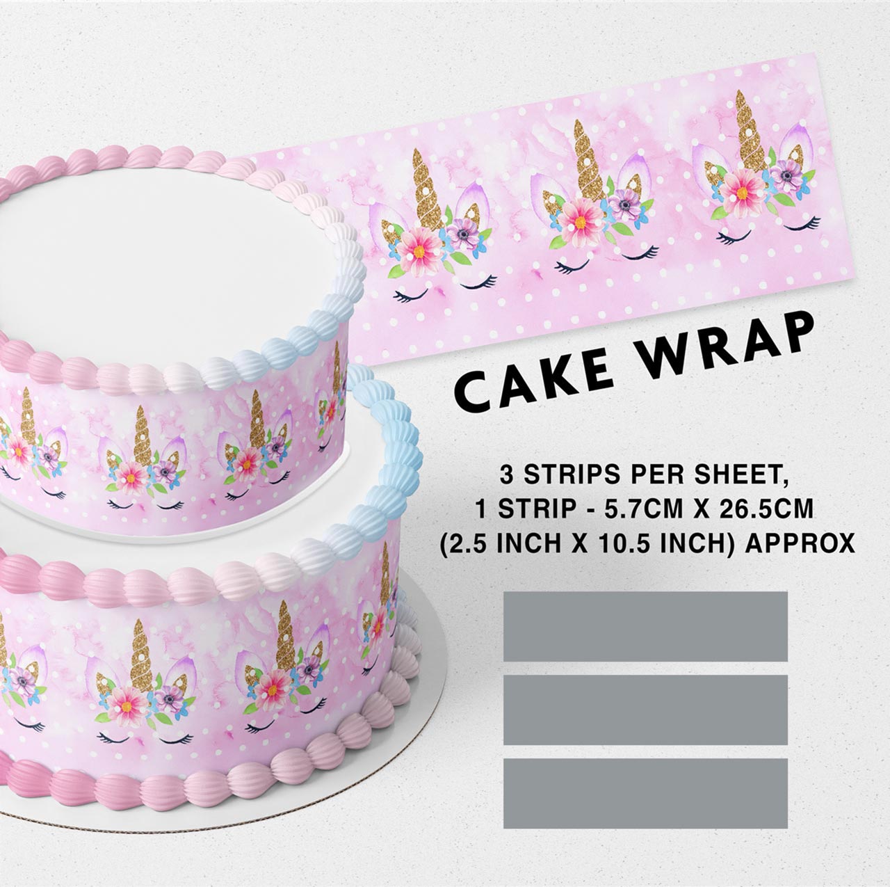 Gold Glitter Pink Raimbow Unicorn Edible Icing Printed Cake Wrap Strips Topper Ribbon Border image 0