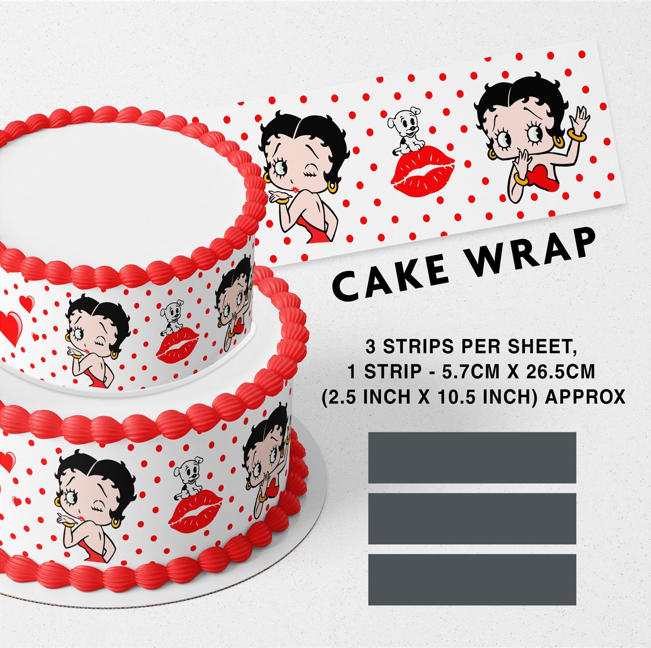 Betty Boop Red Dots Strips Edible Icing Printed Cake Wrap Strips Topper Ribbon Border image 0