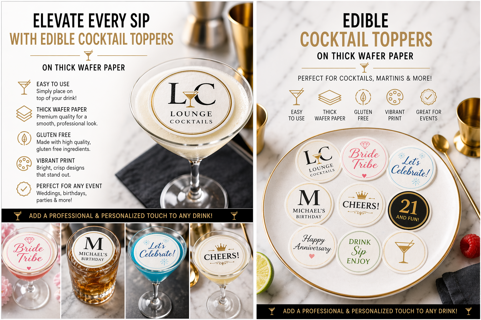Edible Drink Toppers Logo Photo Wafer Paper Cocktail Martini Wedd - Edible Cake Topper | Icing Sheet | Birthday Cake Decoration