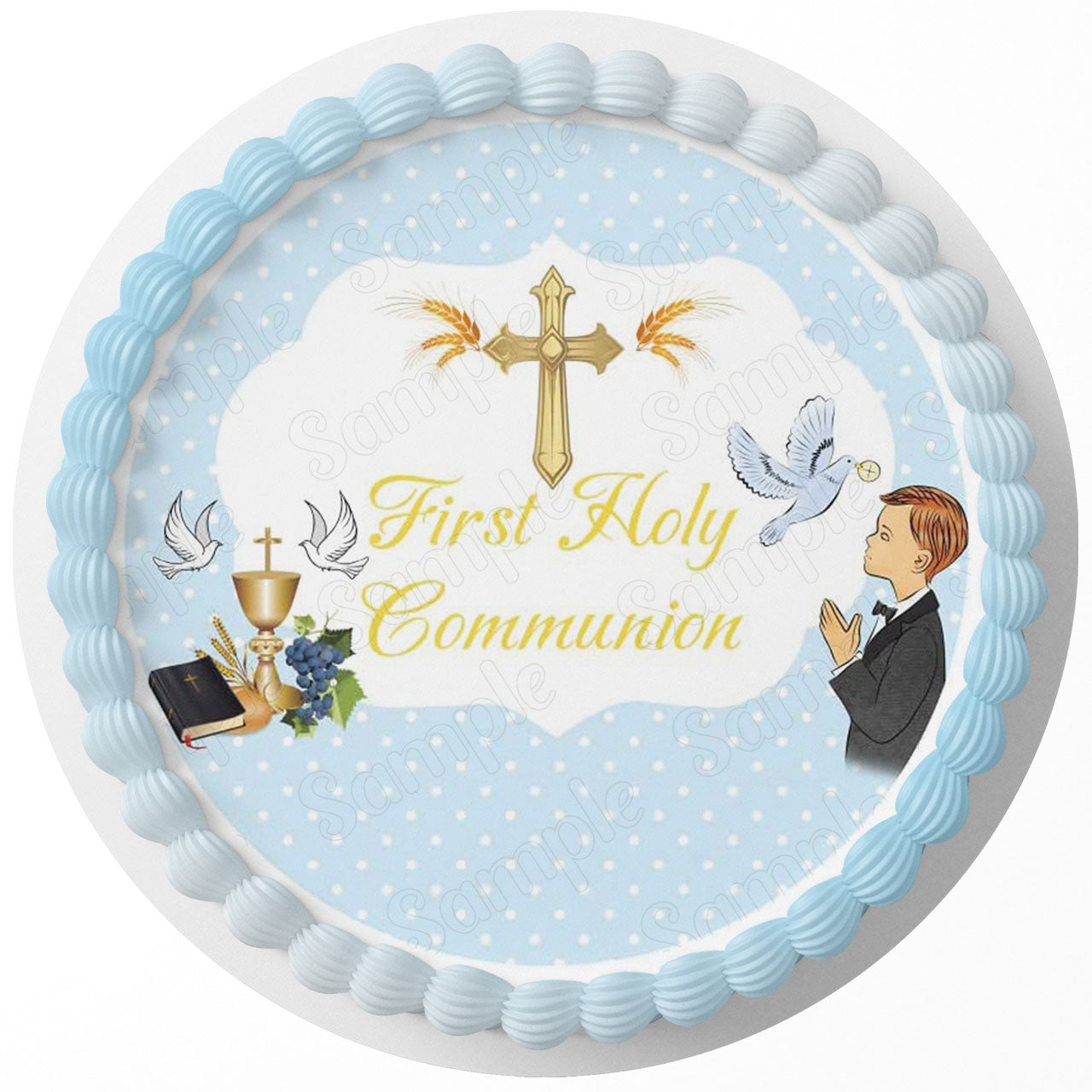 First Holly Communion Boy Round – Icing Sheet Birthday - Personalized Edible Cake Topper | Custom Icing Sheet | Birthday Cake Decoration