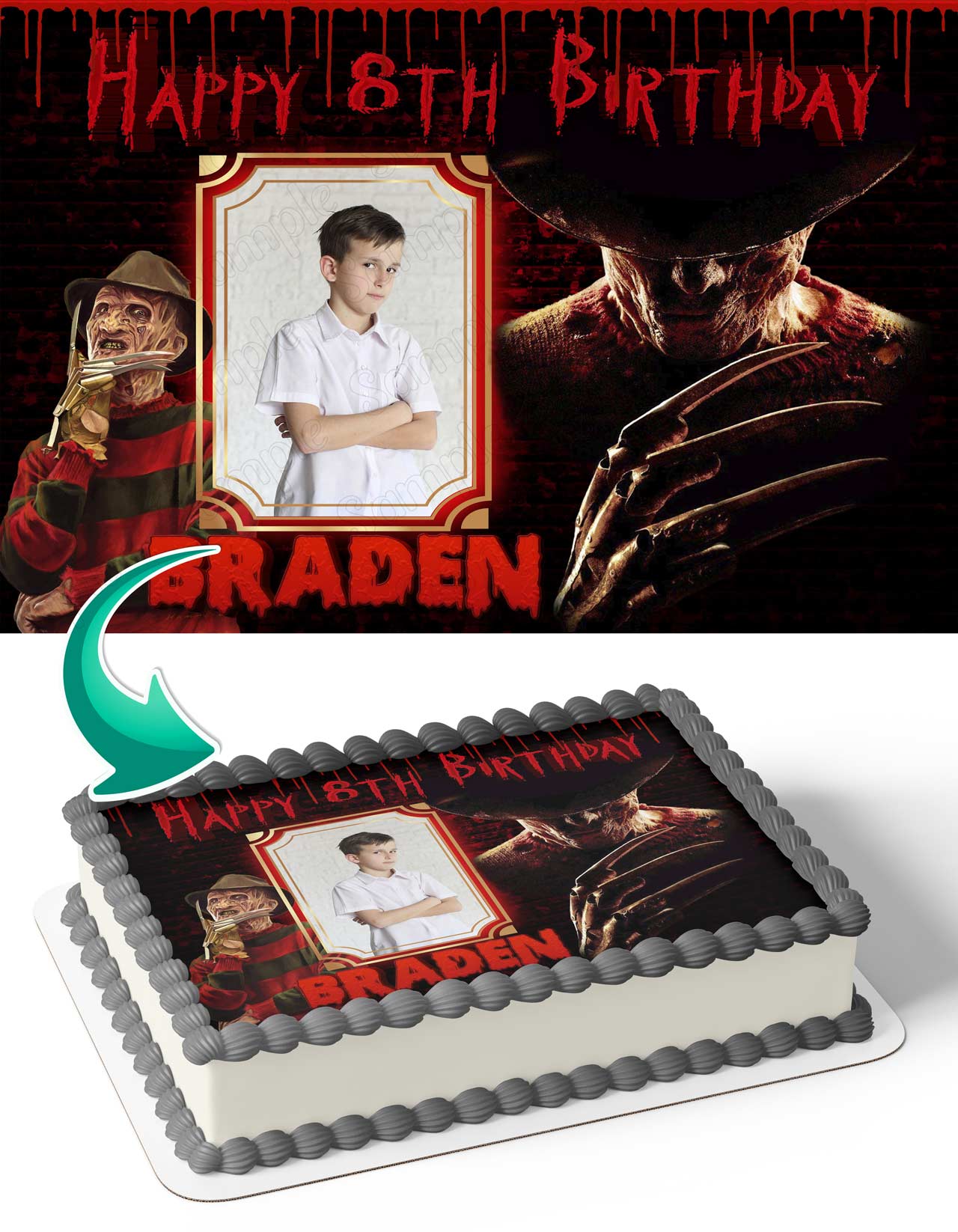 Freddy Krueger Photo Frame – Birthday Image - Personalized Edible Cake Topper | Custom Icing Sheet | Birthday Cake Decoration | Photo Cake Image