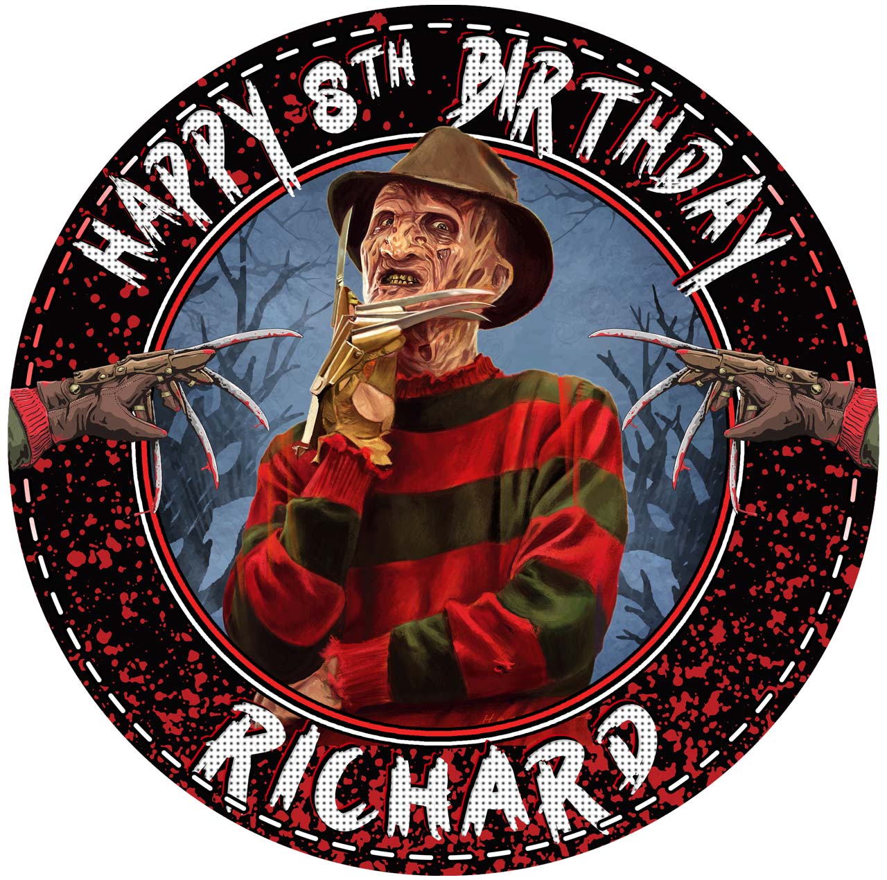 Freddy Krueger Round – Icing Sheet Birthday - Personalized Edible Cake Topper | Custom Icing Sheet | Birthday Cake Decoration | Photo Cake Image