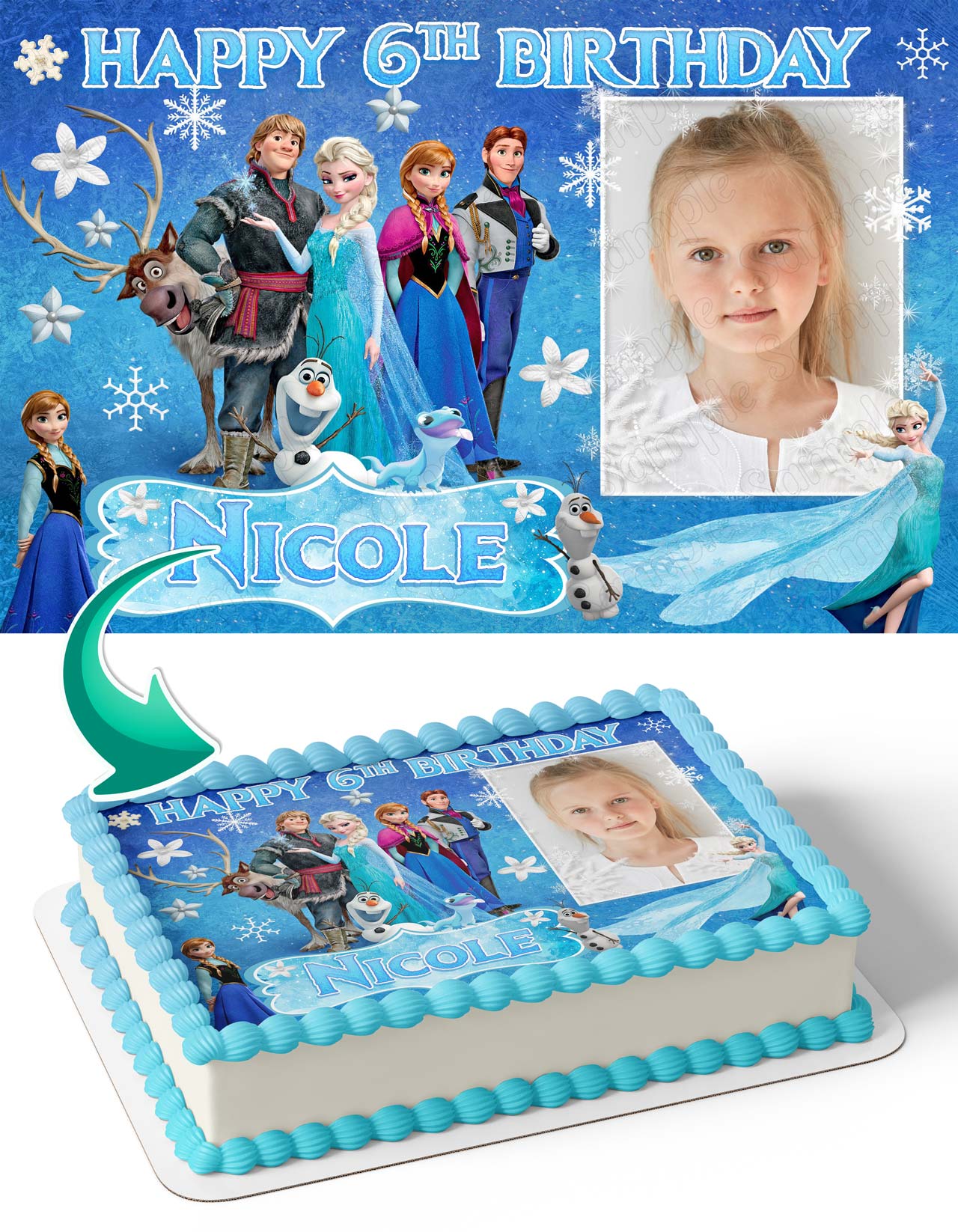Frozen Anna Elsa Photo Frame – Birthday Image - Personalized Edible Cake Topper | Custom Icing Sheet | Birthday Cake Decoration | Photo Cake Image