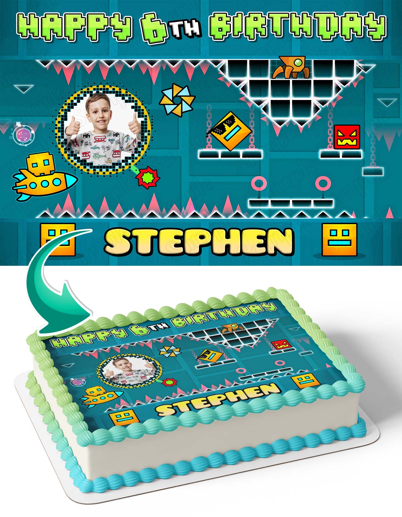 Geometry Dash Photo Frame – Birthday Image - Personalized Edible Cake Topper | Custom Icing Sheet | Birthday Cake Decoration | Photo Cake Image