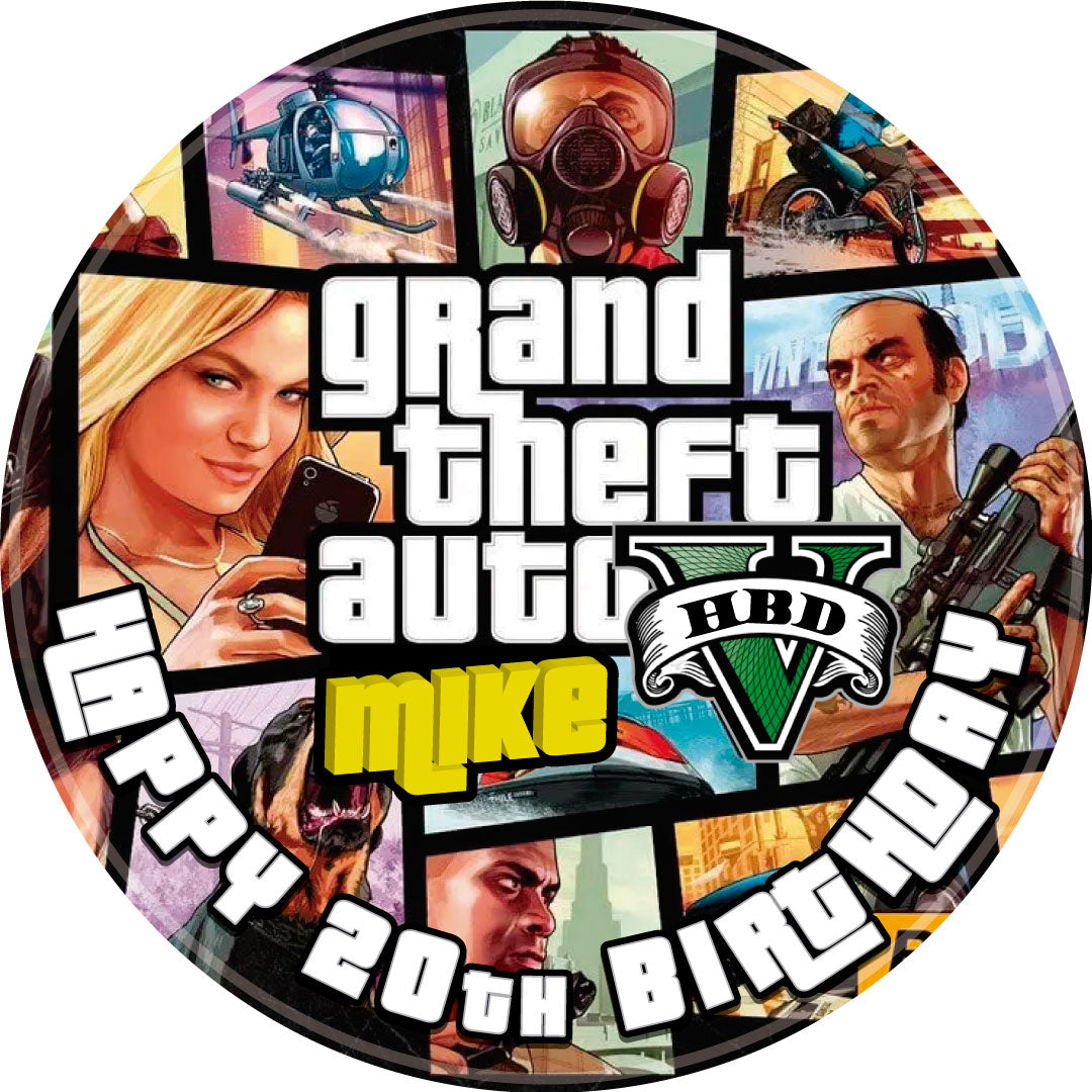 Grand Theft Auto Gamers Thef Round – Icing Sheet Birthday - Personalized Edible Cake Topper | Custom Icing Sheet | Birthday Cake Decoration