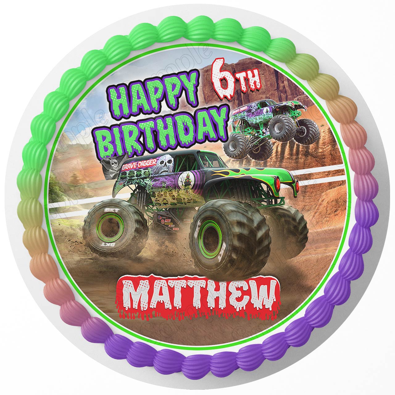 Grave Digger Monster Truck Round – Icing Sheet Birthday - Personalized Edible Cake Topper | Custom Icing Sheet | Birthday Cake Decoration