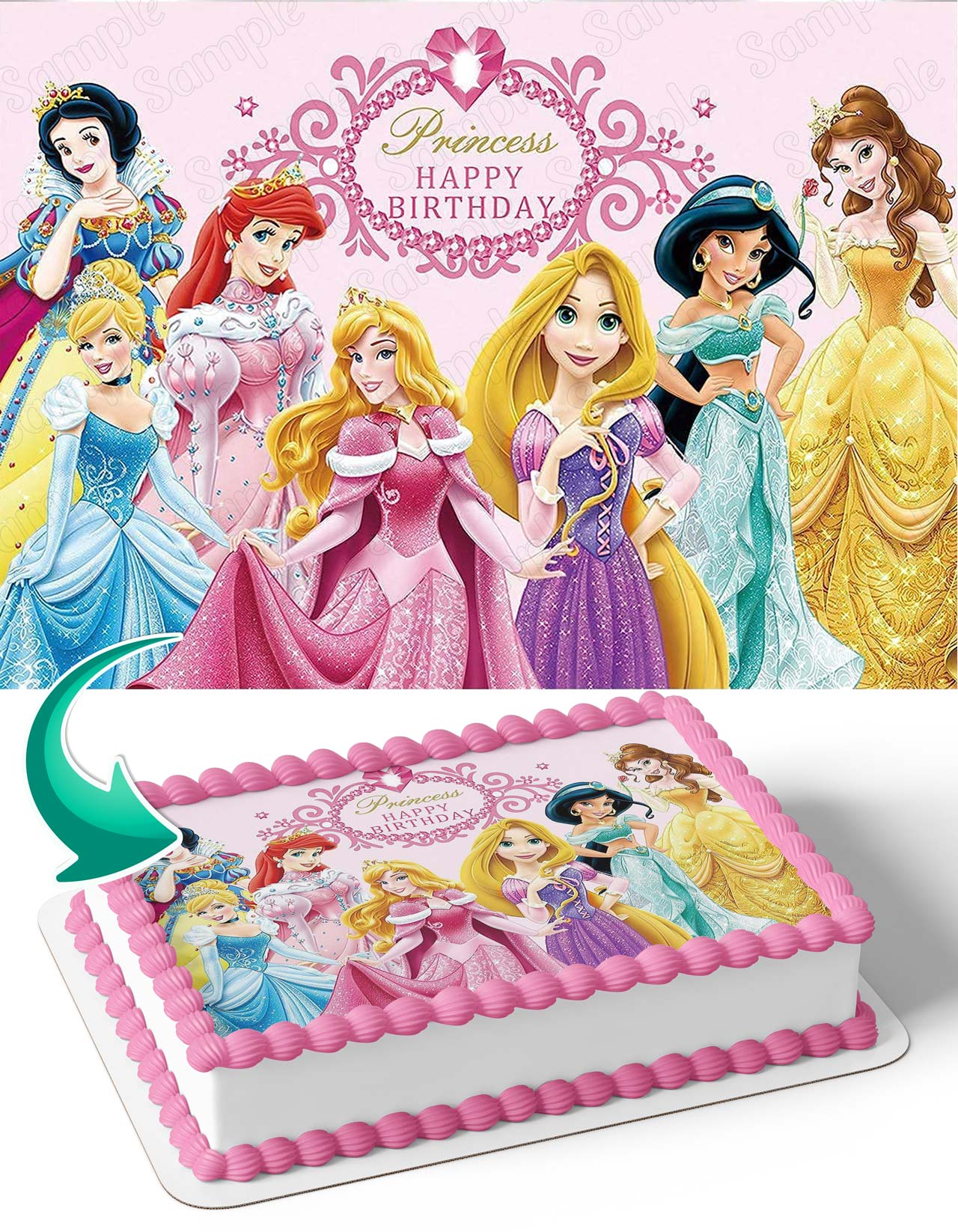 Happy Birthday Princess Cinderella Aurora Jasmine Tiana Rapunzel Edible Cake Topper
