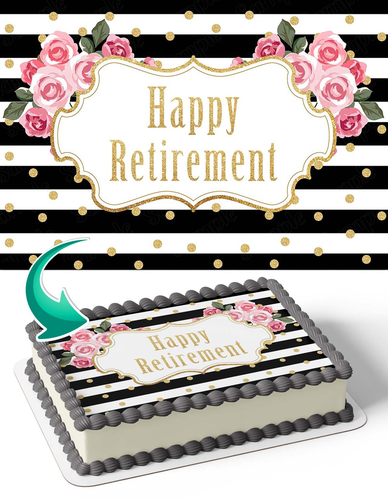 Happy Retirement Rose Flowers Gold Edible Cake Topper